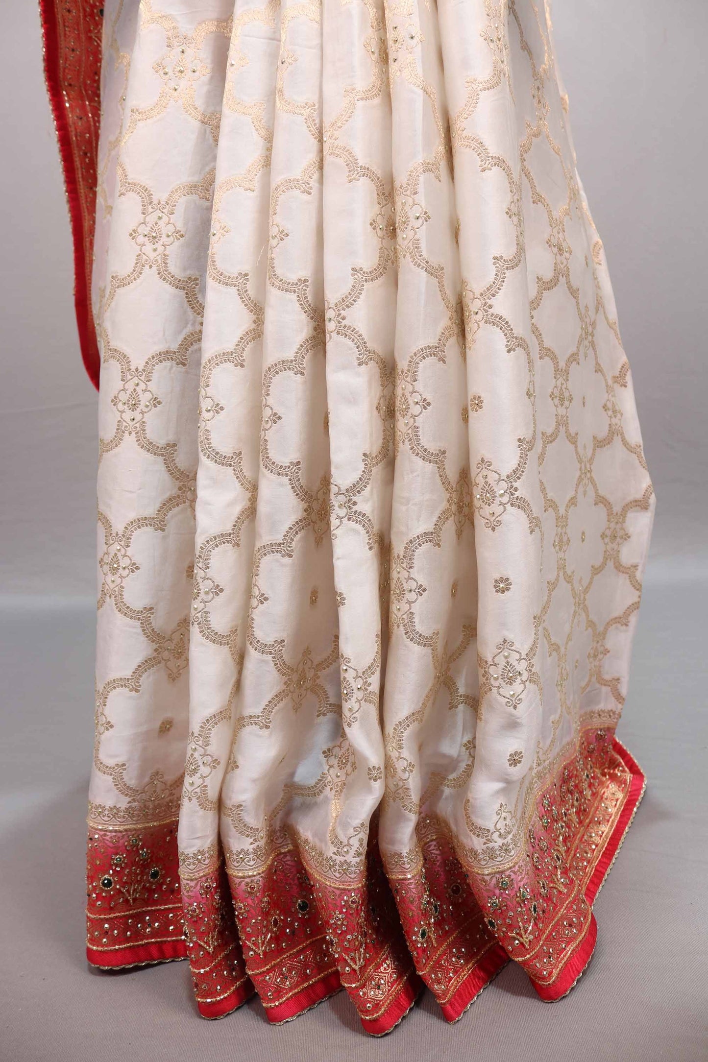 Off White Red Jacquard Silk Saree with Zari Woven Design Rich Border