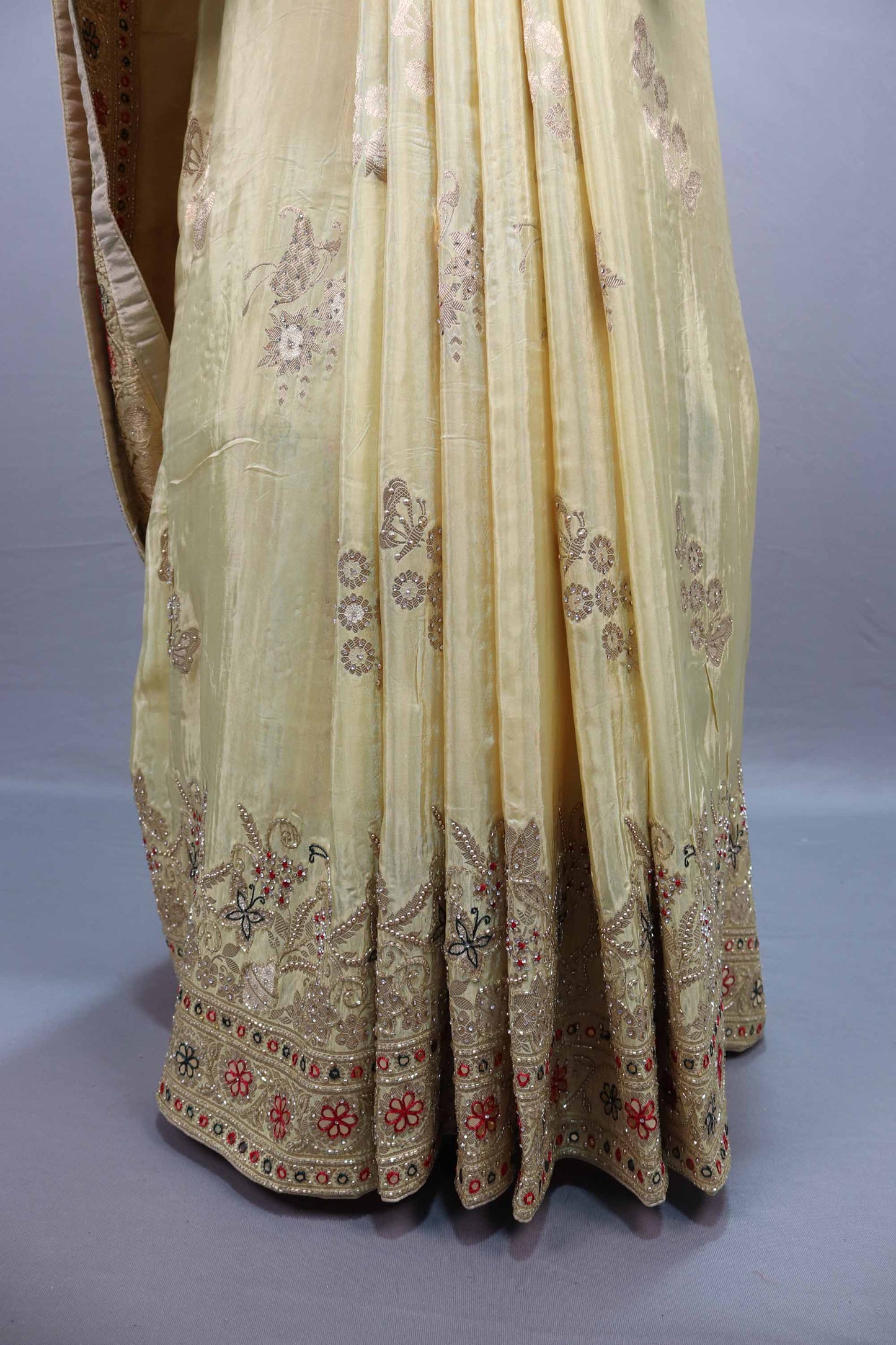 Light Yellow Silk Saree with Floral Embroidery and Designer Border
