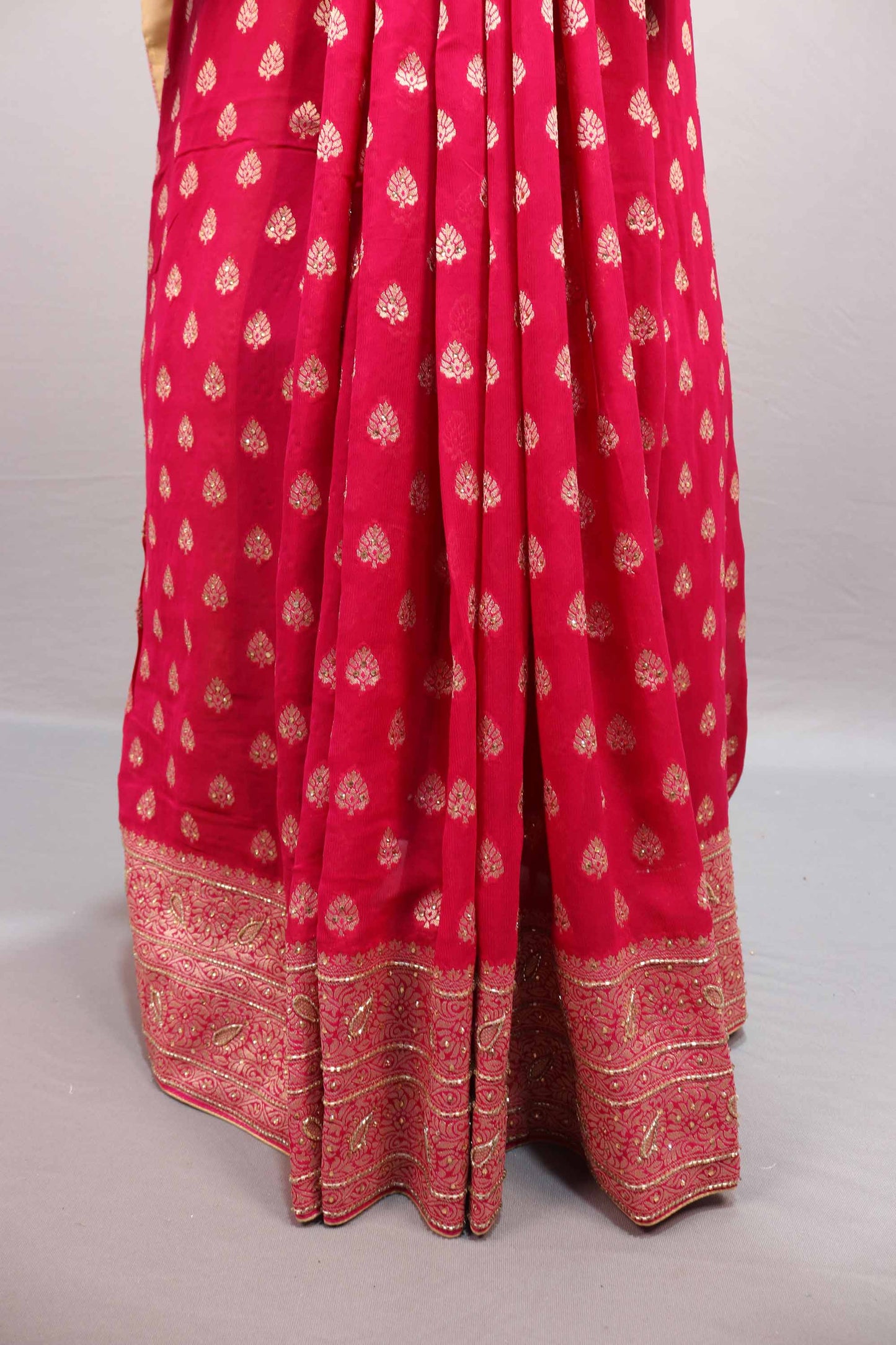 Red Banarasi Silk Saree with Gold Zari Buti Work Rich Woven Border