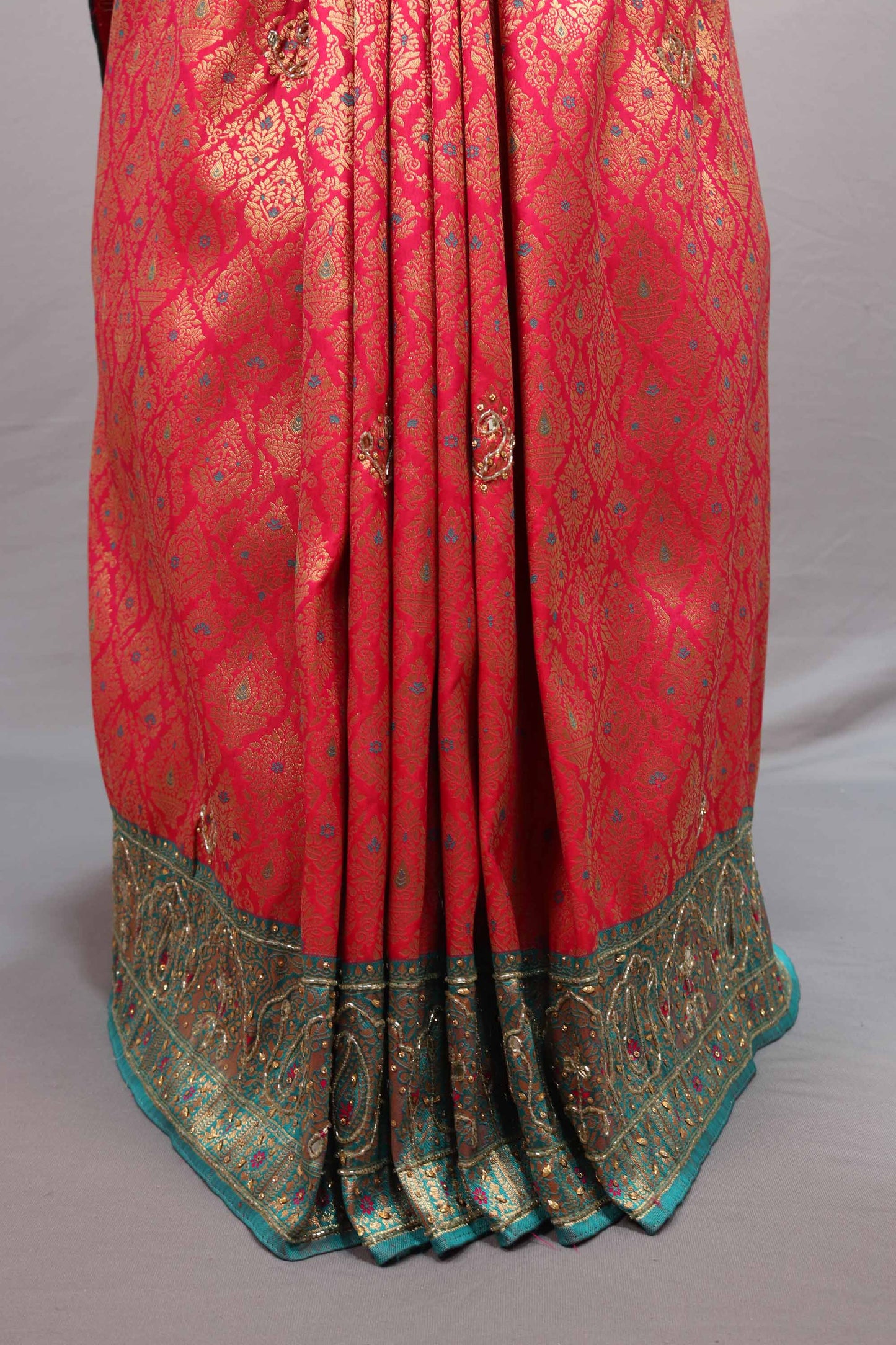 Pink Teal Banarasi Silk Saree with Heavy Zari Work Designer Border