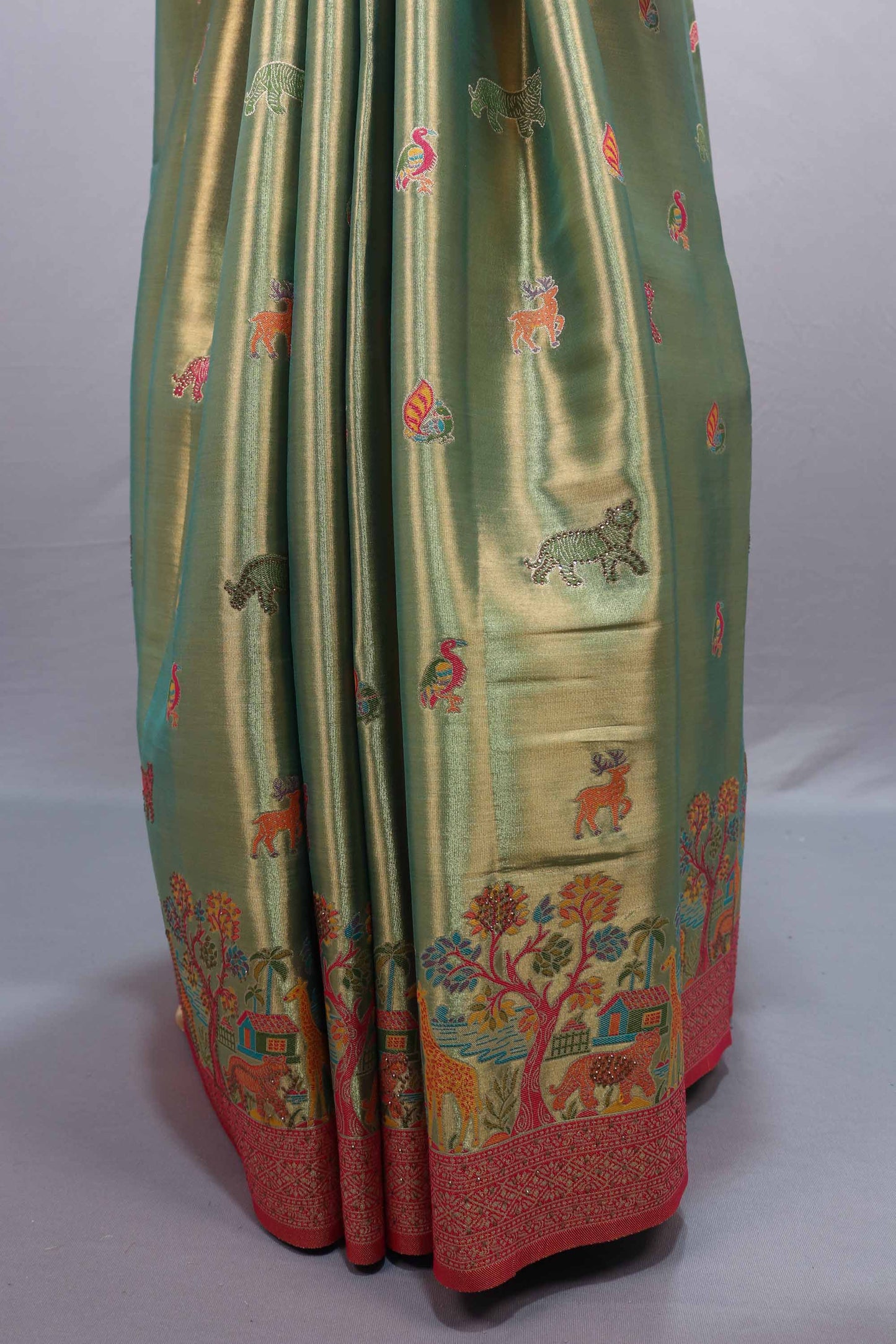 Olive Green Kanjivaram Silk Saree Multicolor Motif Weaving Pink Border