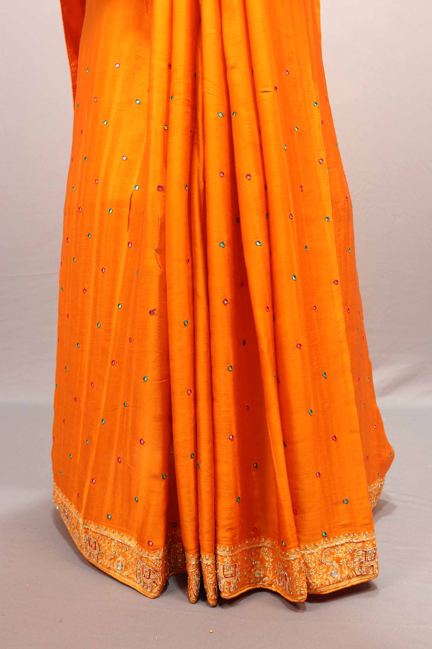 Orange Silk Saree Embroidery Elephant Motif Design Stone Designer Border