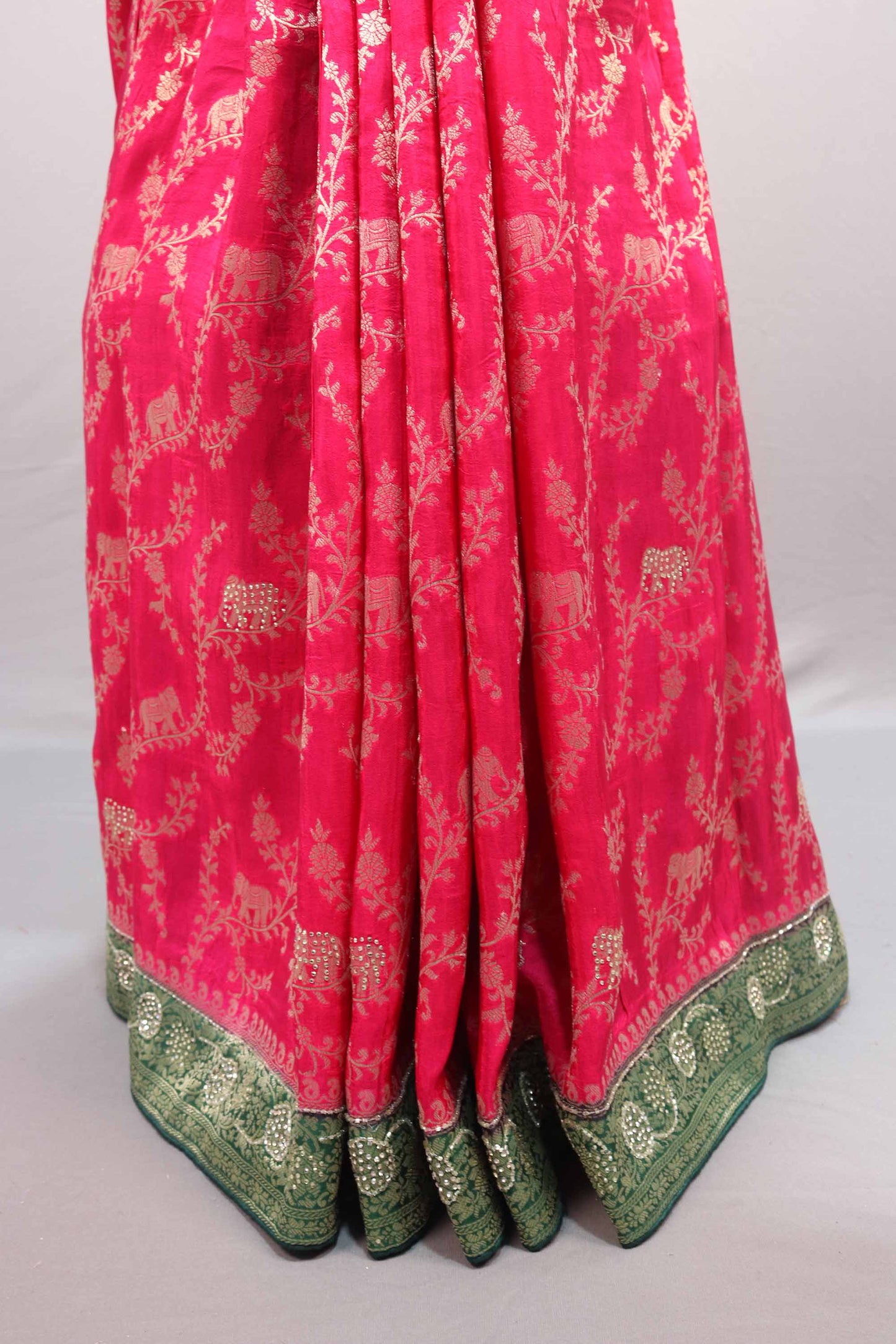 Rani Pink Green Kanjivaram Silk Saree Zari Floral Elephant Motifs Rich Border
