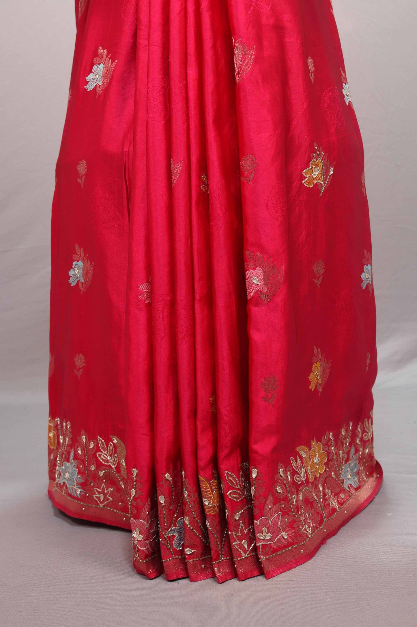Red Silk Saree Multicolor Floral Embroidery Rich Zari Border Tassel Pallu