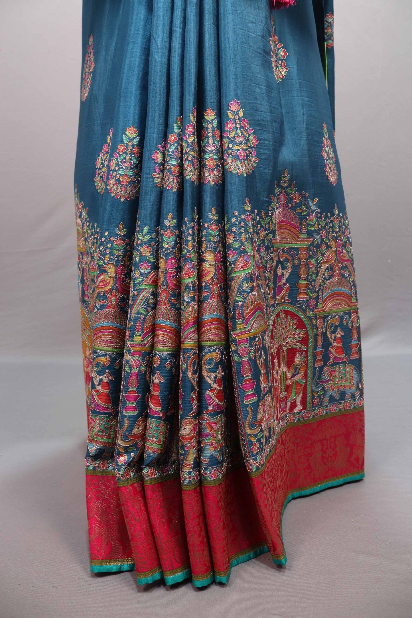 Teal Blue Silk Saree Multicolor Traditional Print Motif Border Rich Pallu