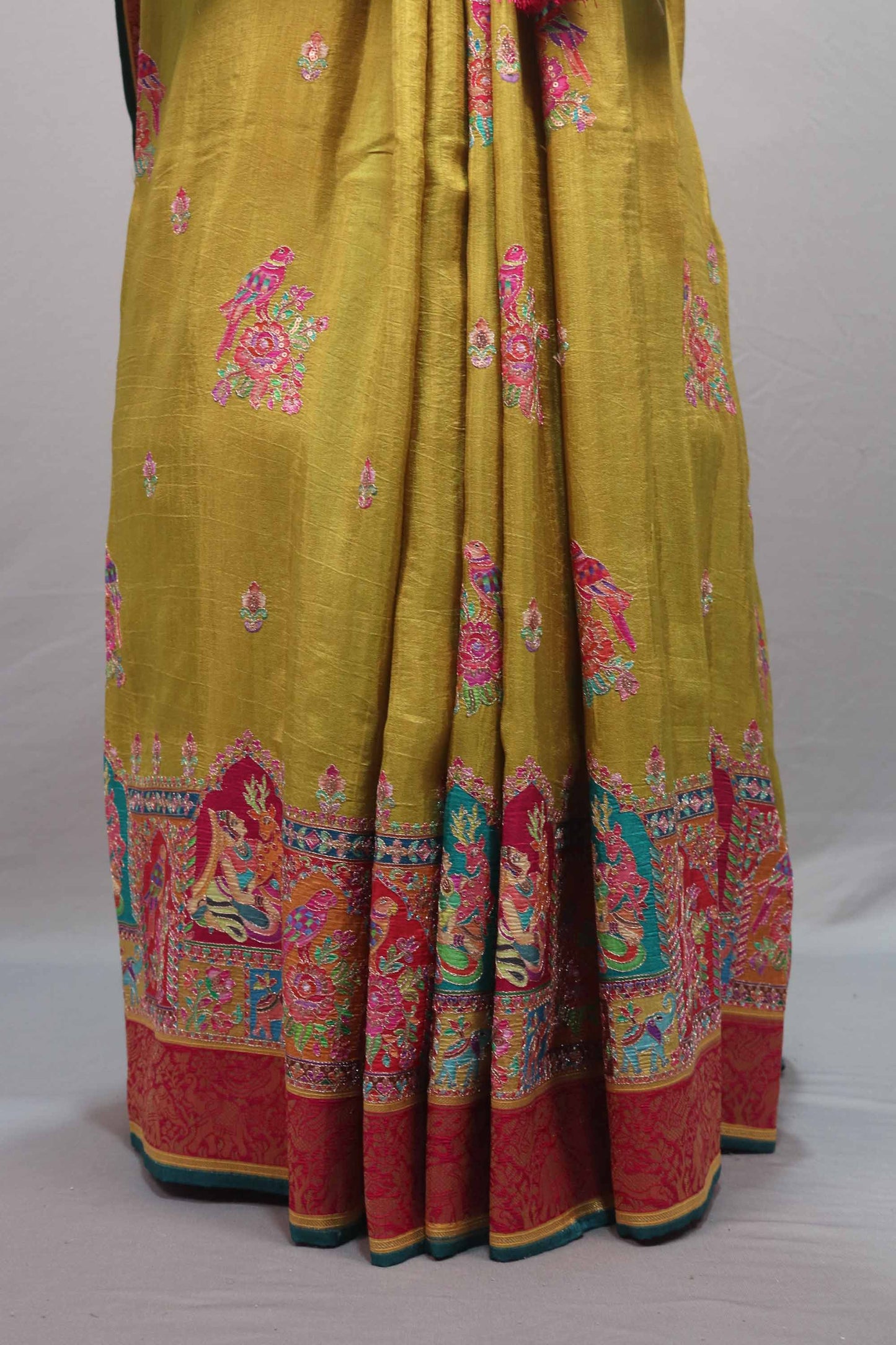 Mustard Yellow Silk Saree Multicolor Print Motif Border Rich Pallu