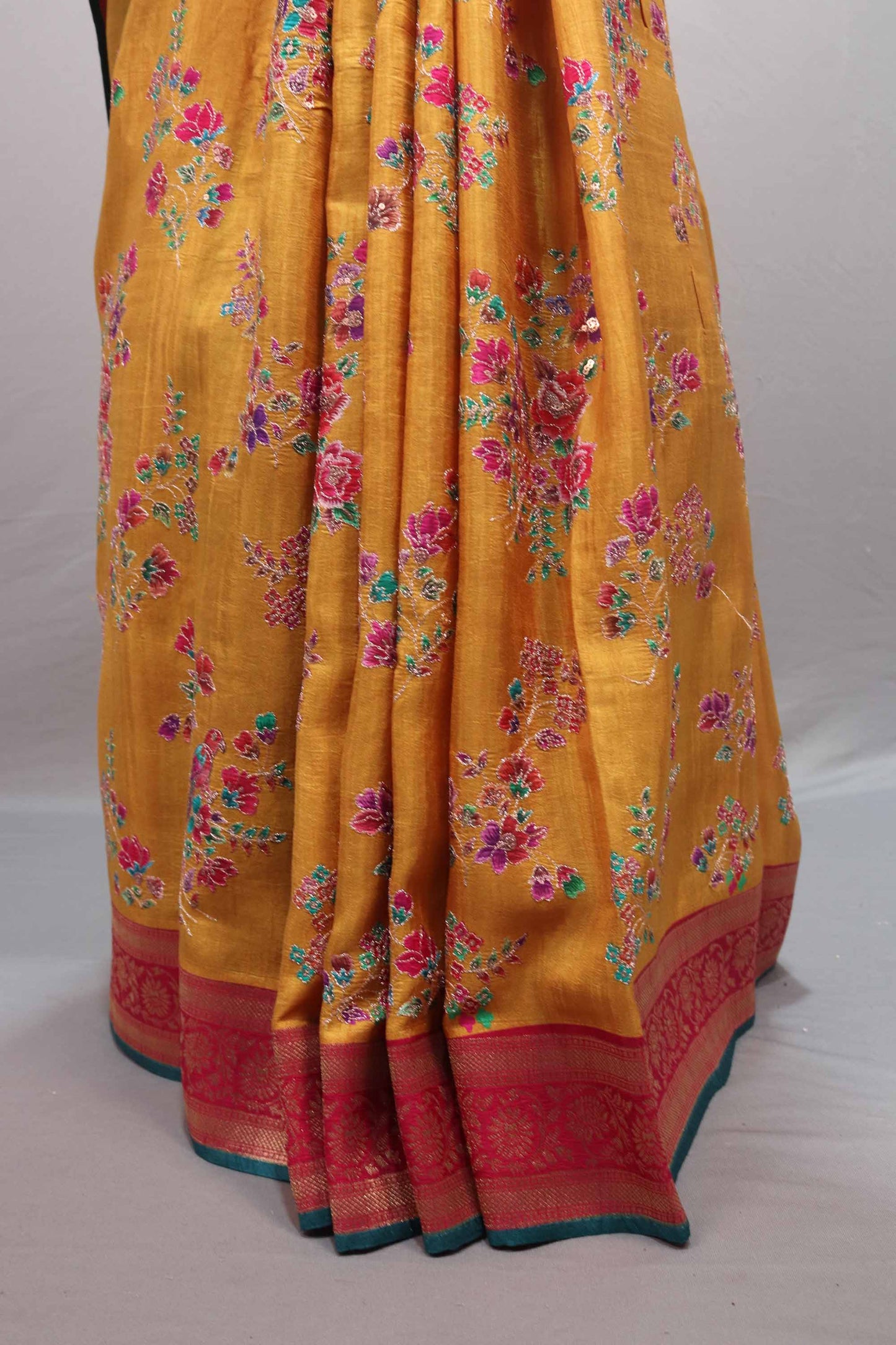 Mustard Yellow Silk Saree Floral Print Rich Zari Border Pallu