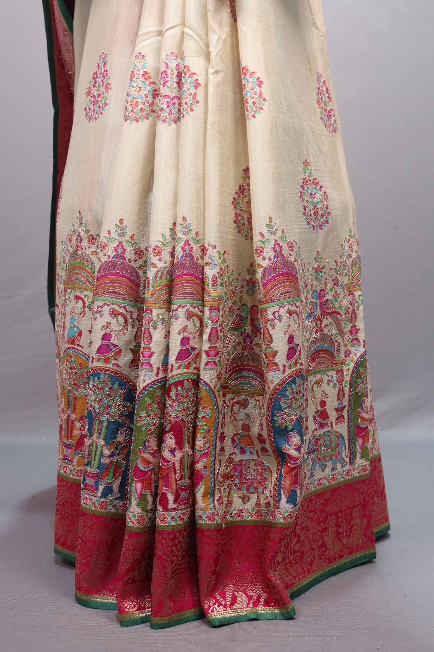 Designer Cream Silk Saree Multicolor Traditional Print Motif Border