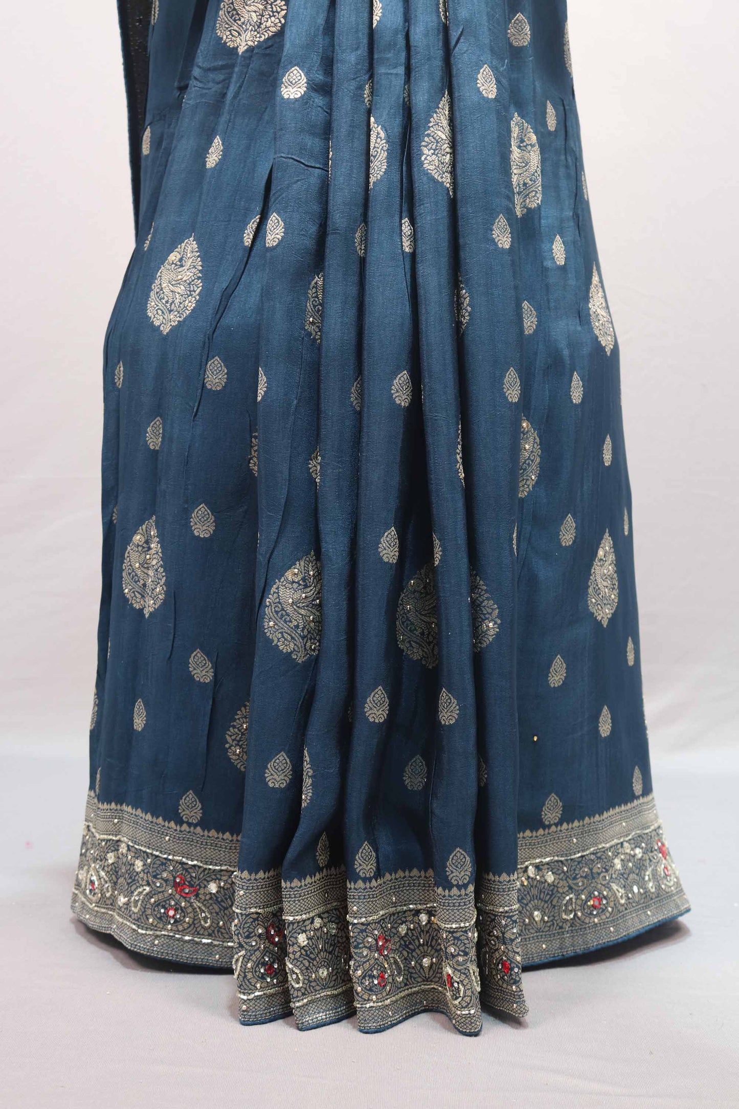Navy Blue Silk Saree with Silver Zari Weaving Designer Border