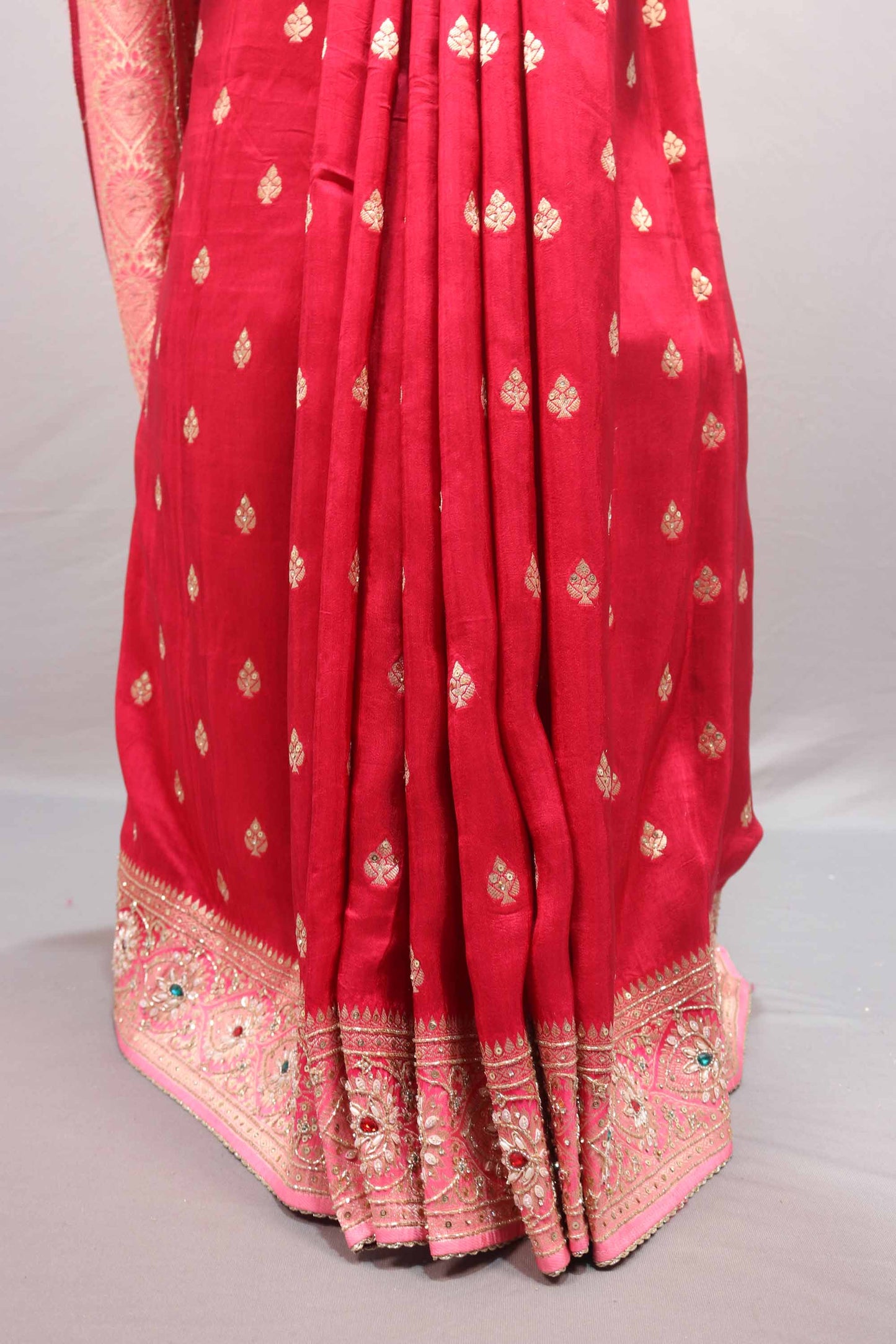 Red Pink Silk Saree with Heavy Embroidered Border Zari Designer Pallu