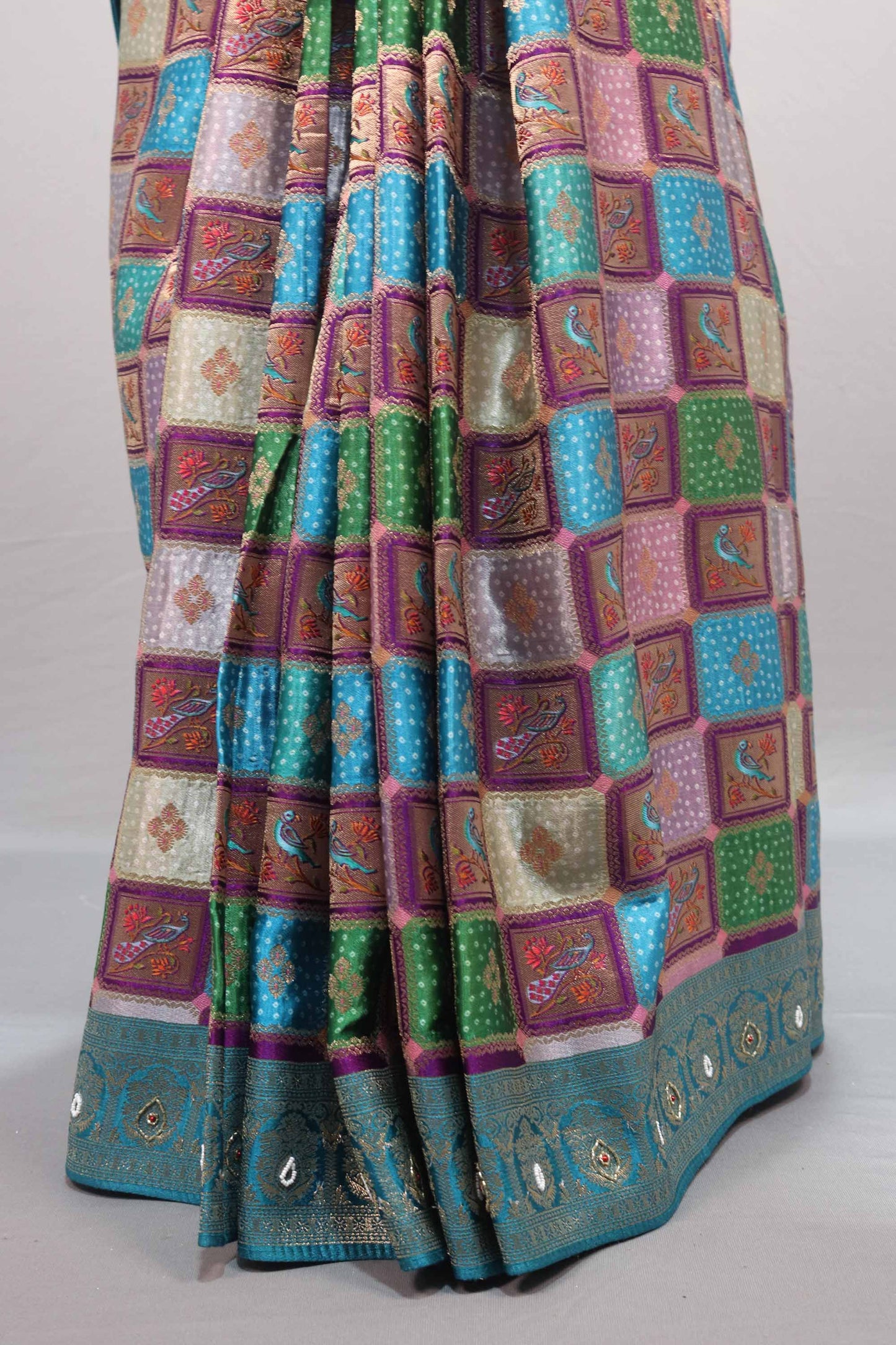 Multicolor Banarasi Silk Saree with Checkered Design Rich Teal Zari Border