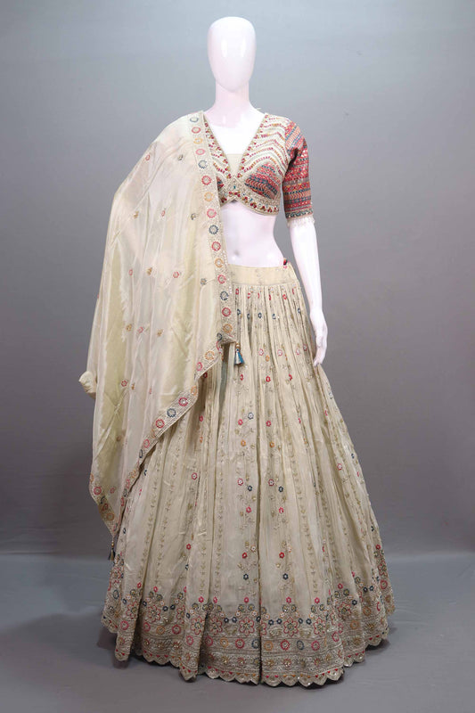 Off-White Embroidered Lehenga Choli with Multicolor Blouse Dupatta