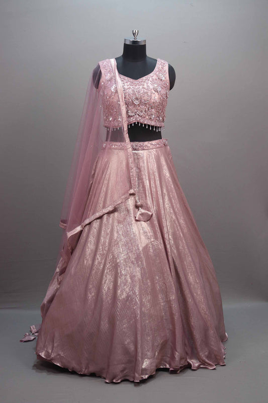 Pink Shimmer Silk Lehenga Choli with Embroidered Blouse Dupatta