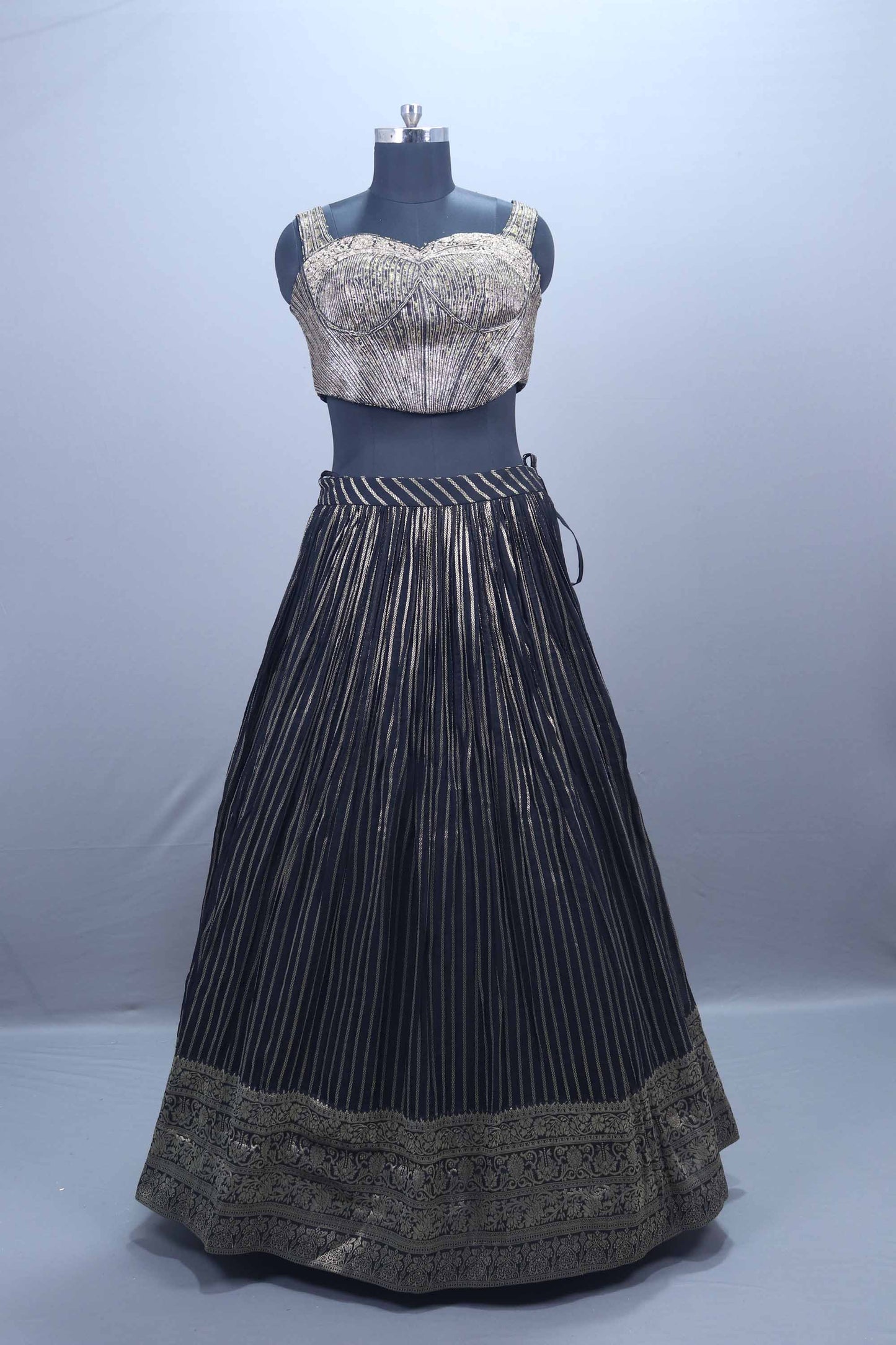 Black Gold Brocade Lehenga Set Blouse Dupatta Festive Wear