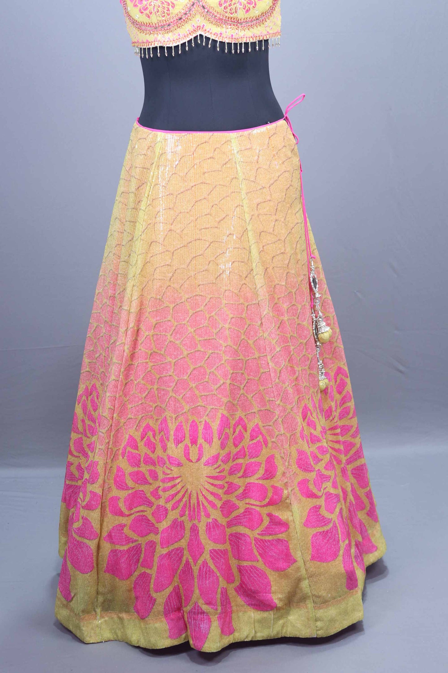 Pink Gold Brocade Lehenga Set Blouse Net Dupatta Festive Wear