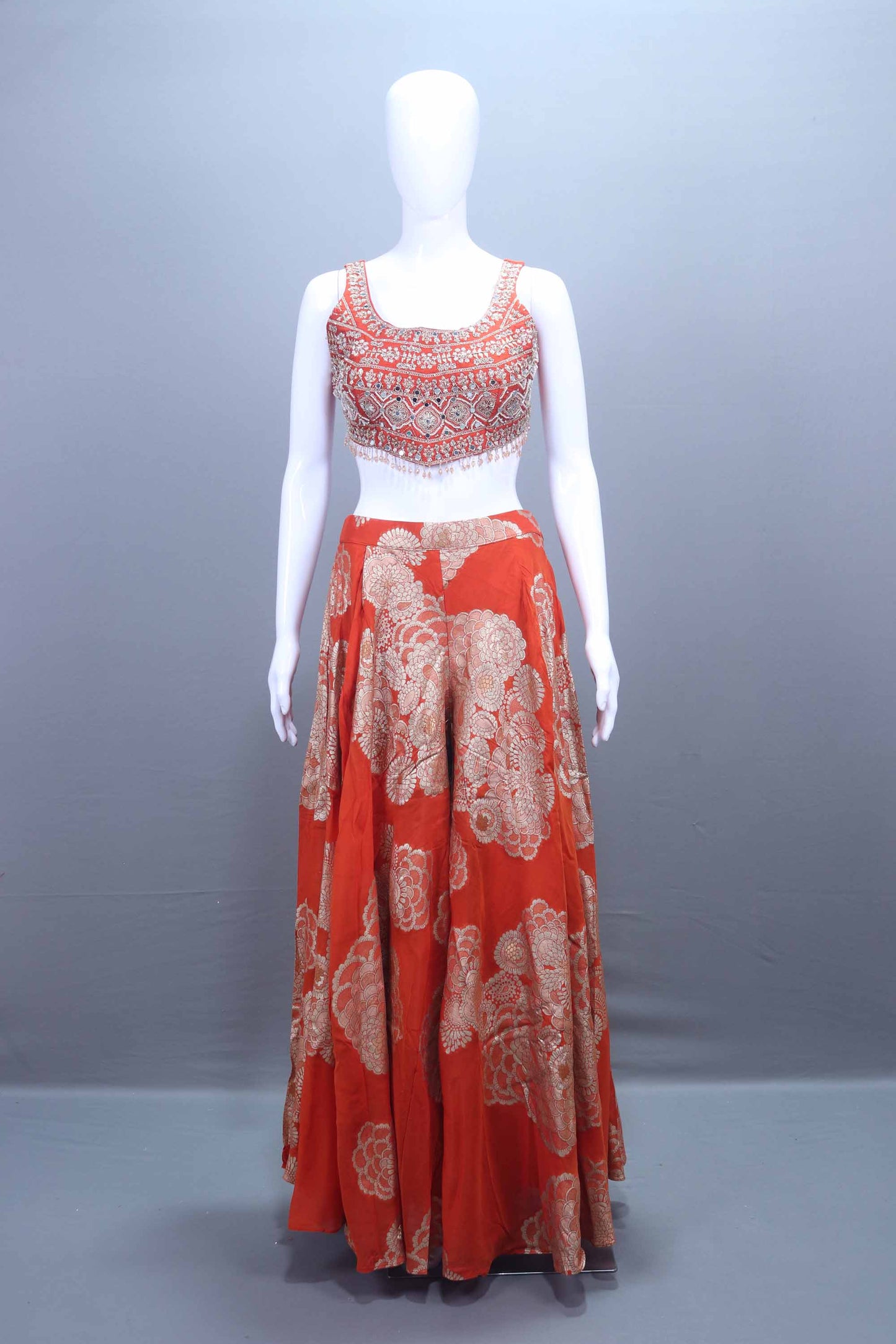 Designer Orange Embroidered Silk Palazzo Choli Festive Wear