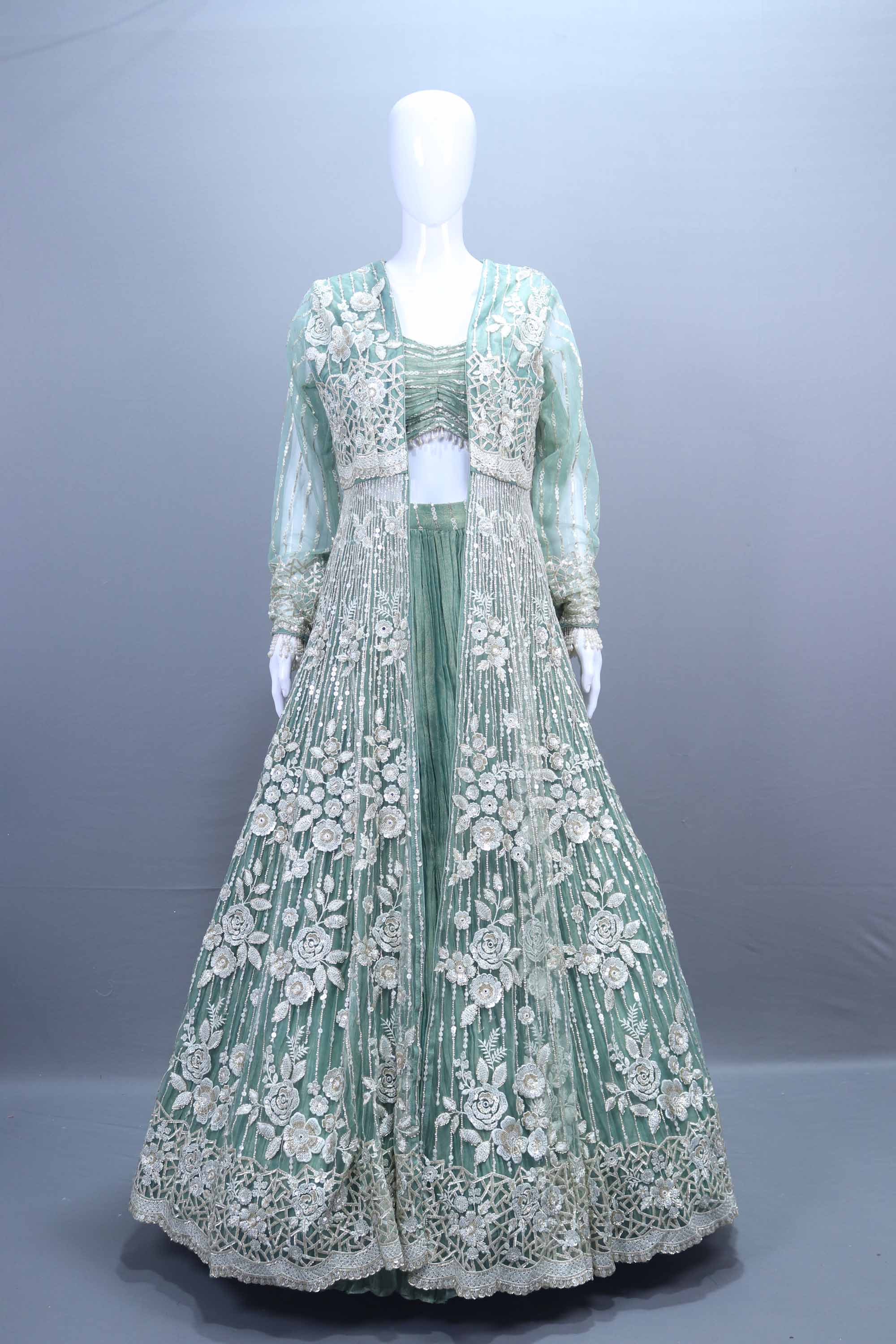 Designer Mint Green Embroidered Net Anarkali Gown Long Jacket Mangaldeep NX Designer Mint Green Embroidered Net Anarkali Gown Long Jacket Mangaldeep NX