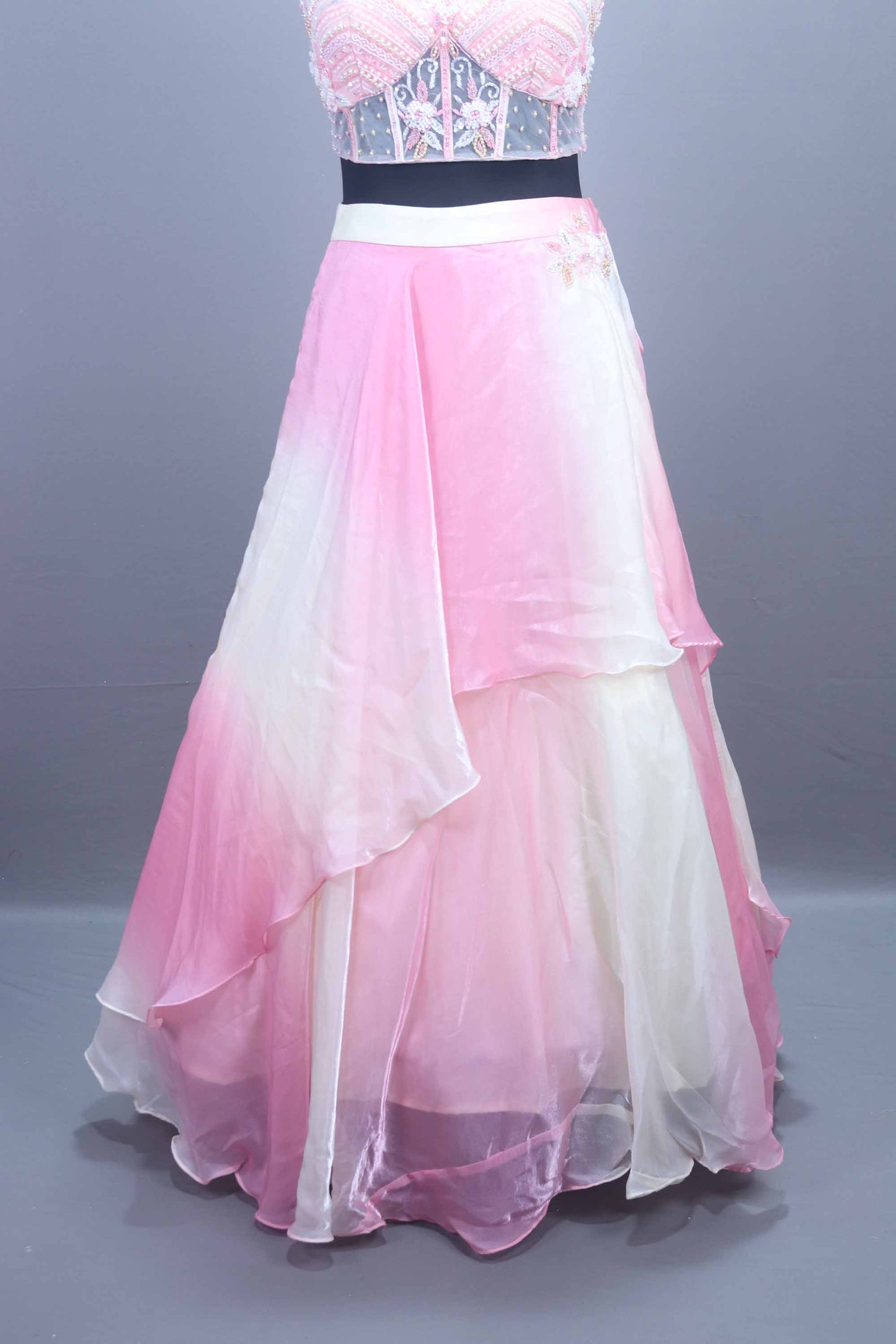 Stylish Pink Ombre Embroidered Lehenga Set Halter Neck Blouse