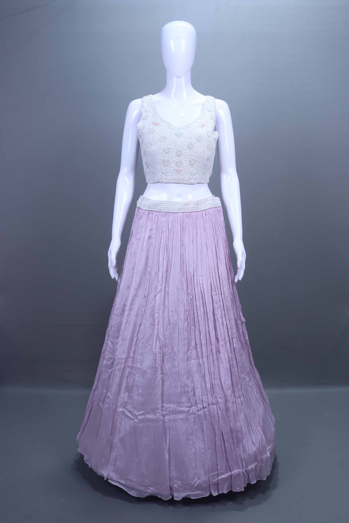 Pastel Lavender Embroidered Net Lehenga Set Crop Top and Cape Designer