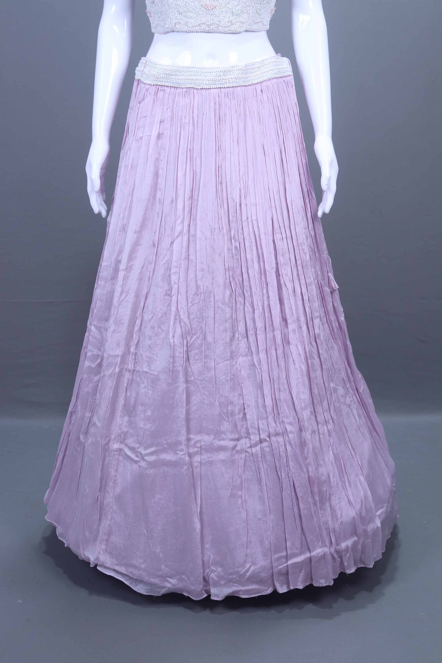 Pastel Lavender Embroidered Net Lehenga Set Crop Top and Cape Designer