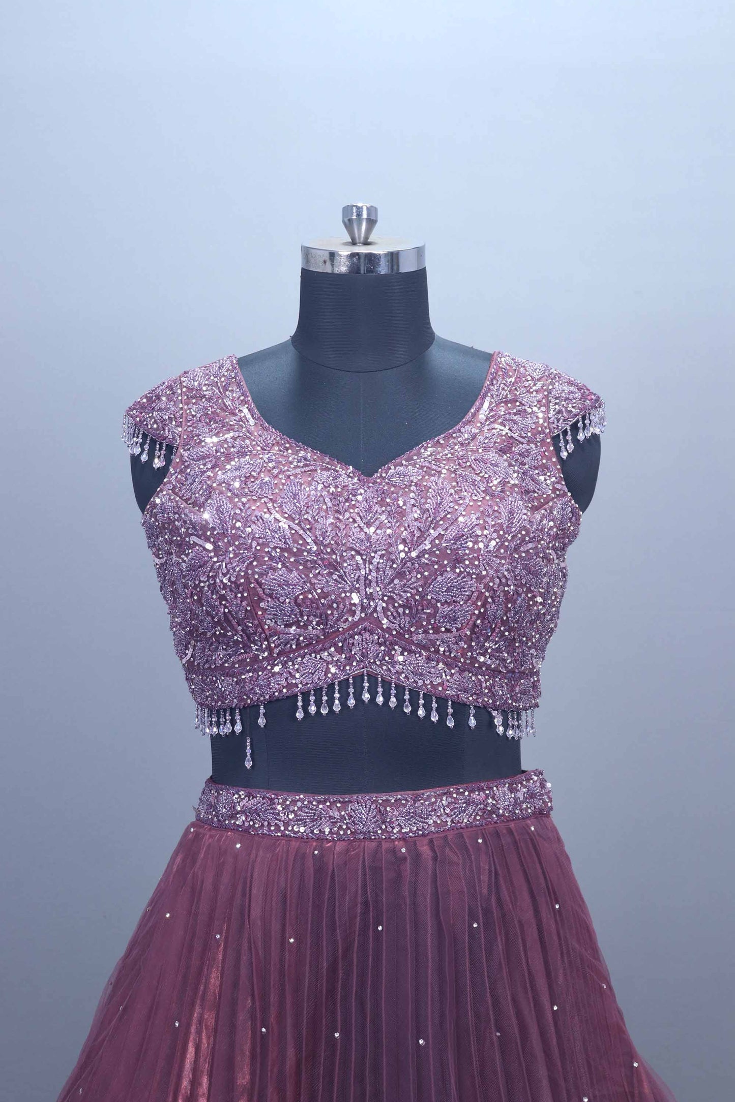 Wine Purple Embellished Net Designer Lehenga Choli with Dupatta