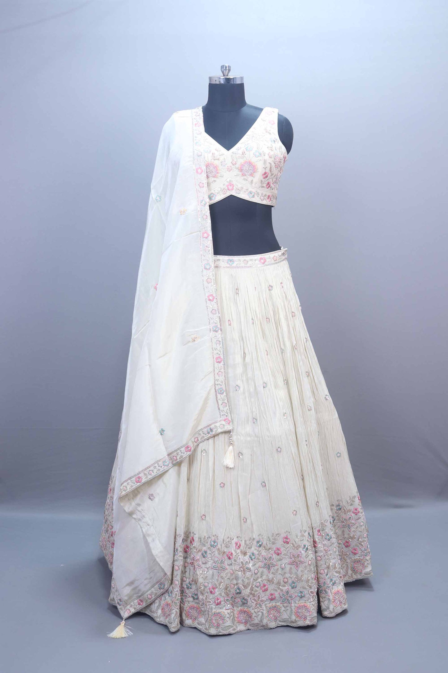 Ivory White Embroidered Silk Lehenga Choli with Dupatta