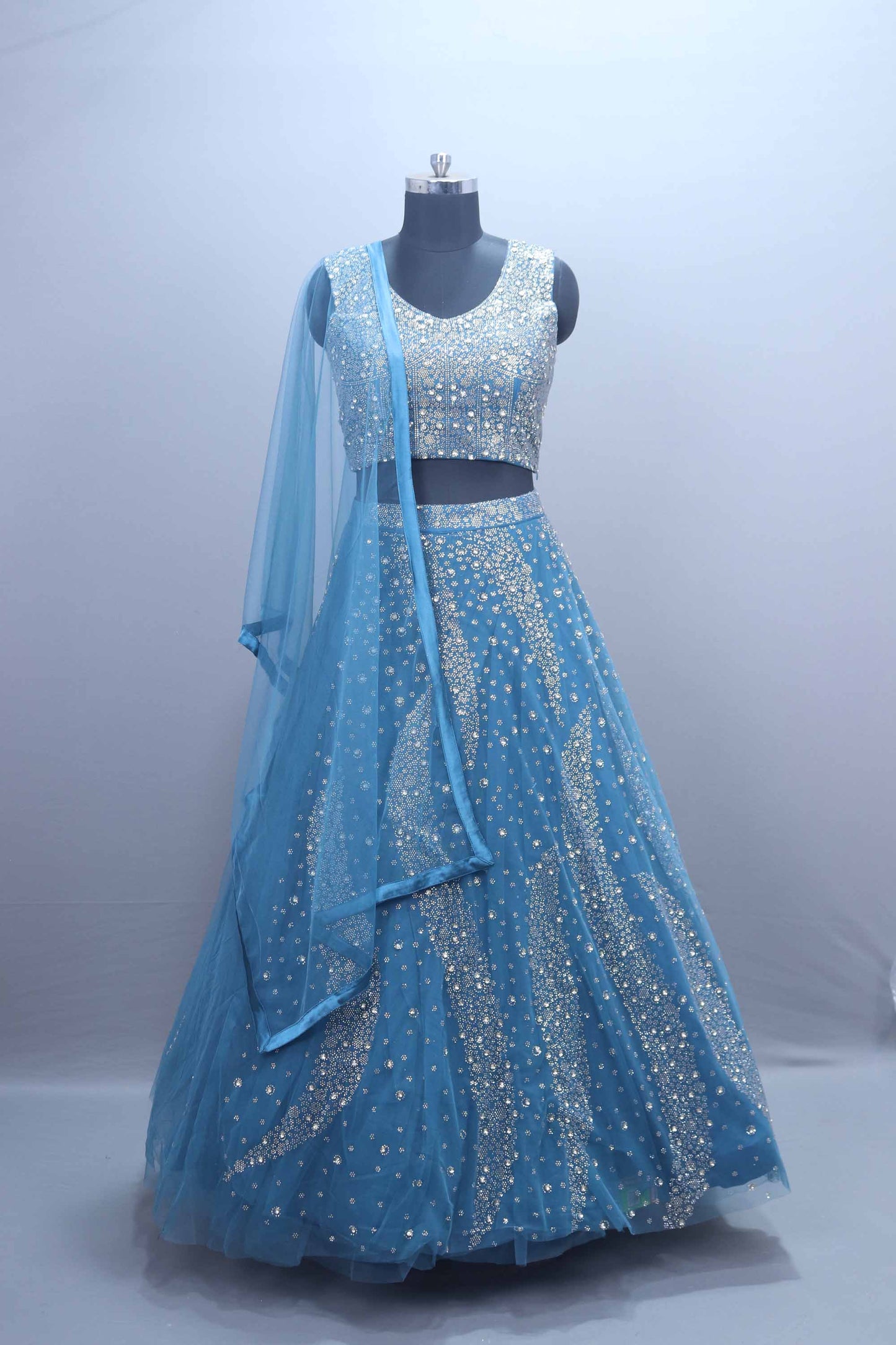 Sky Blue Mirror Work Designer Lehenga Choli with Net Dupatta