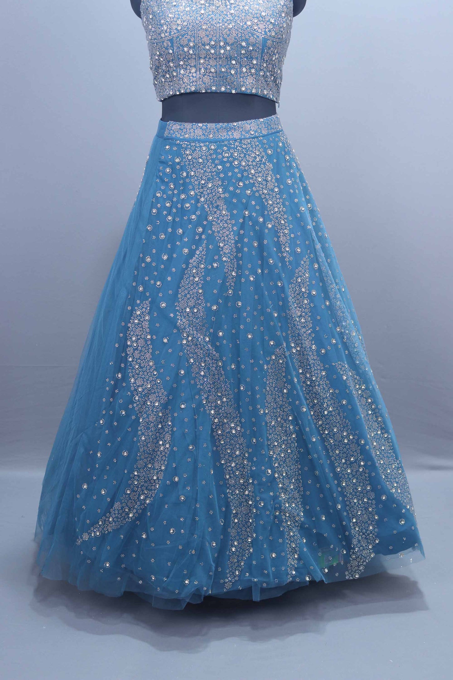 Sky Blue Mirror Work Designer Lehenga Choli with Net Dupatta