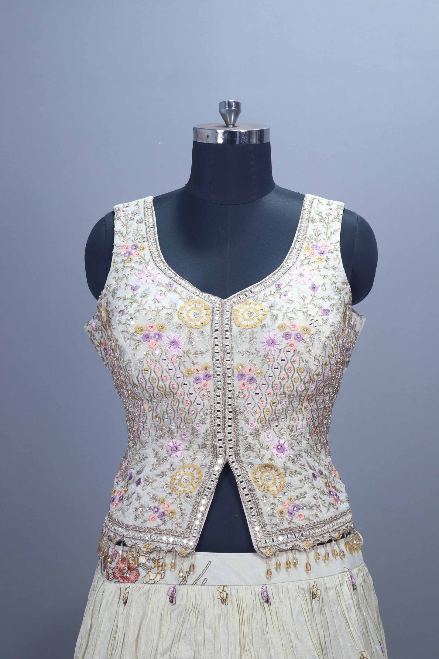 Off-White Floral Embroidered Lehenga Choli with Dupatta