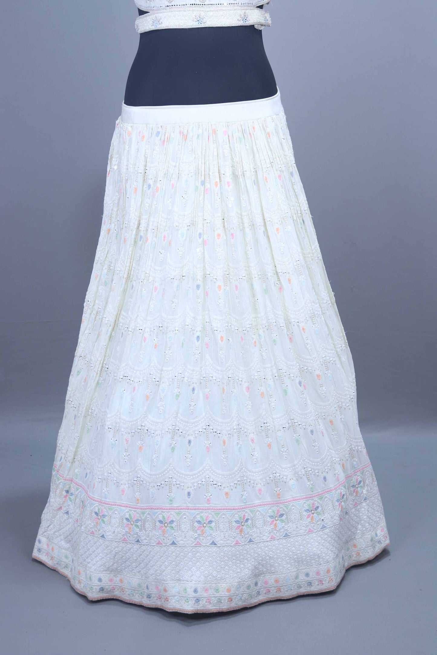 Elegant White Embroidered Lehenga Choli with Pastel Dupatta