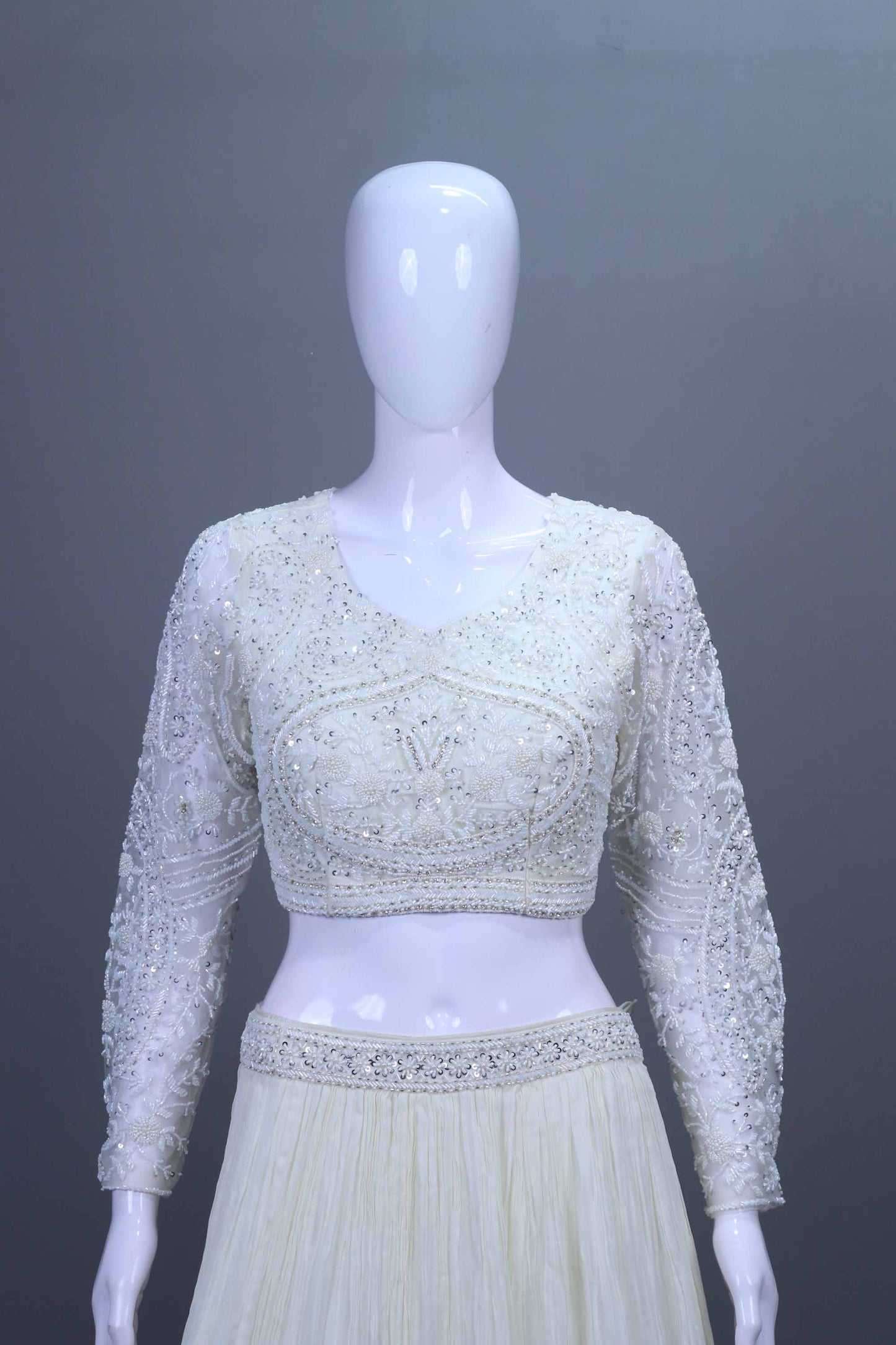 White Embroidered Net Lehenga Set with Full Sleeve Blouse and Dupatta