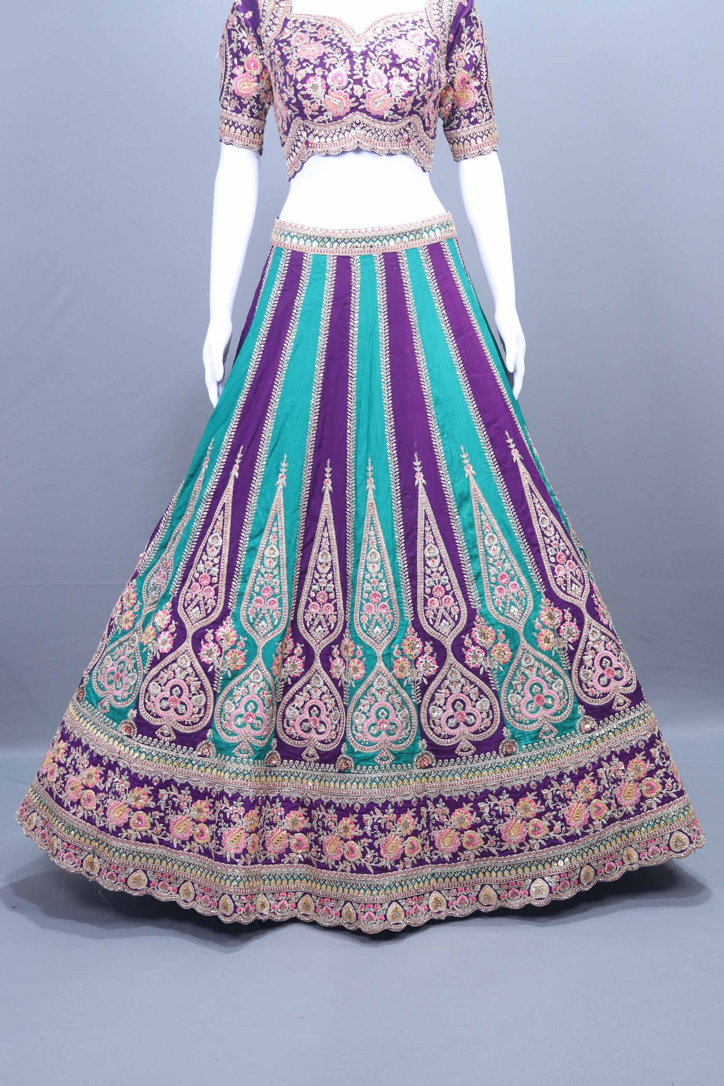 Designer Purple and Teal Velvet Lehenga Choli with Net Dupatta