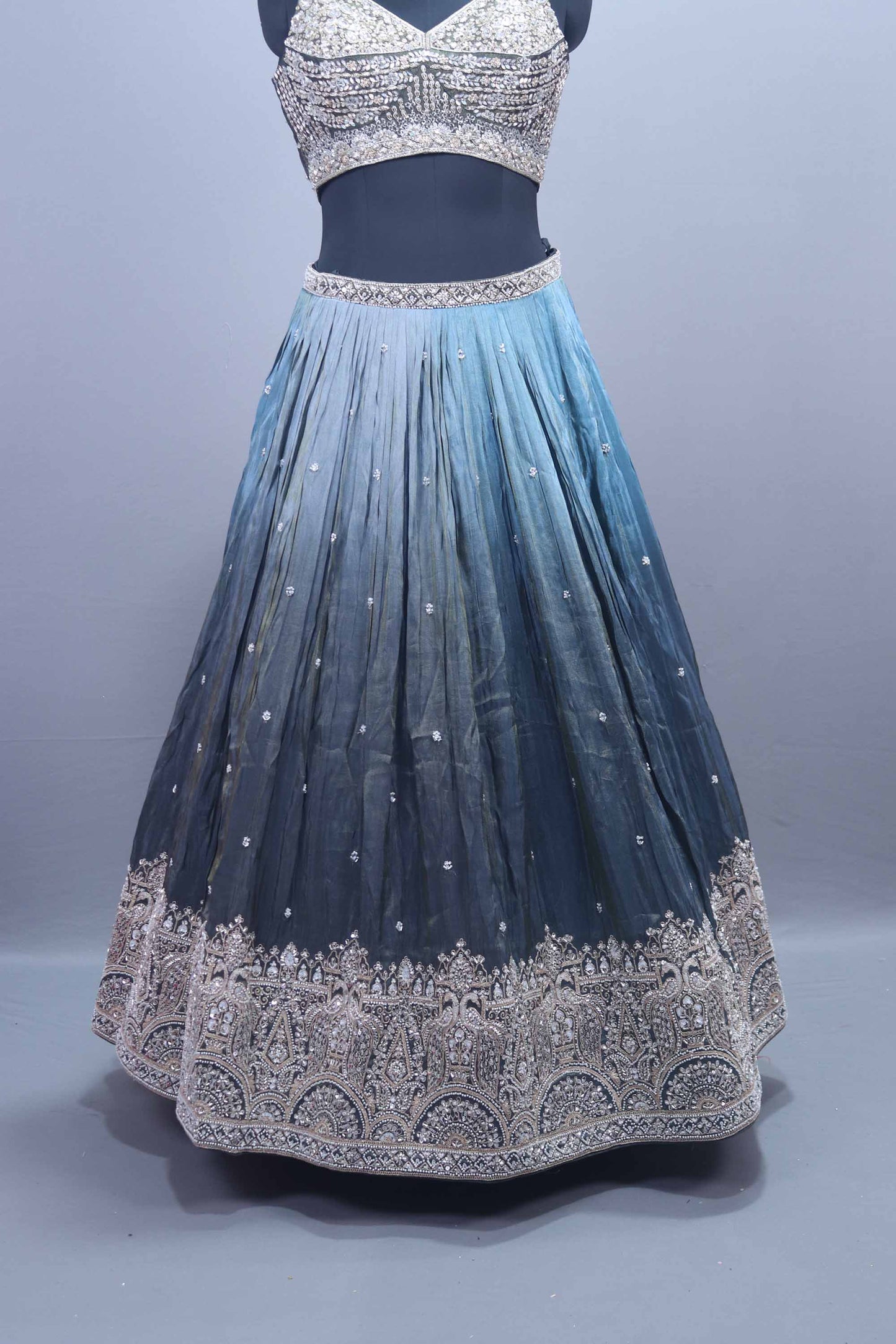 Designer Grey Blue Ombre Embroidered Silk Lehenga Choli With Dupatta