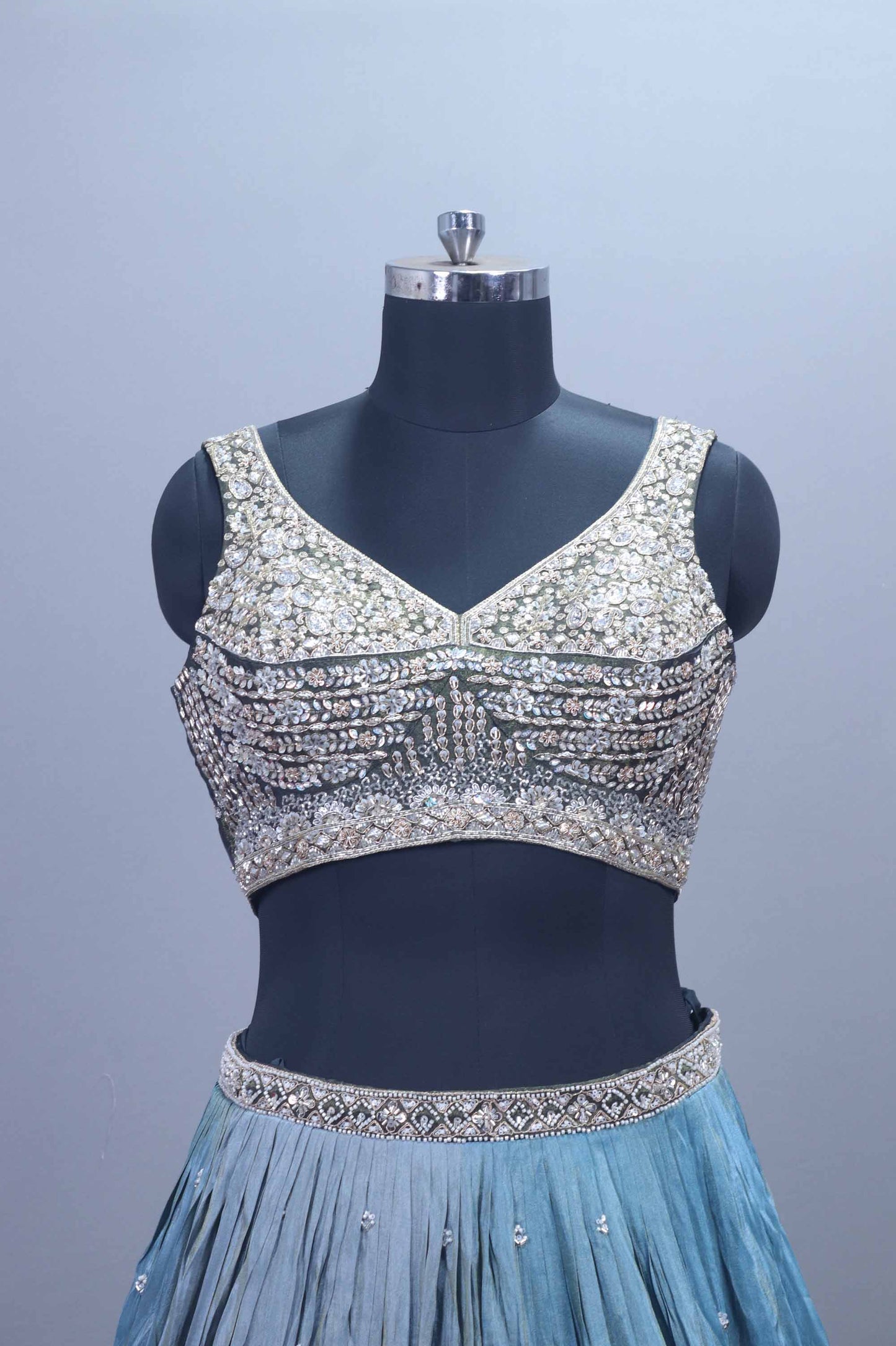 Designer Grey Blue Ombre Embroidered Silk Lehenga Choli With Dupatta