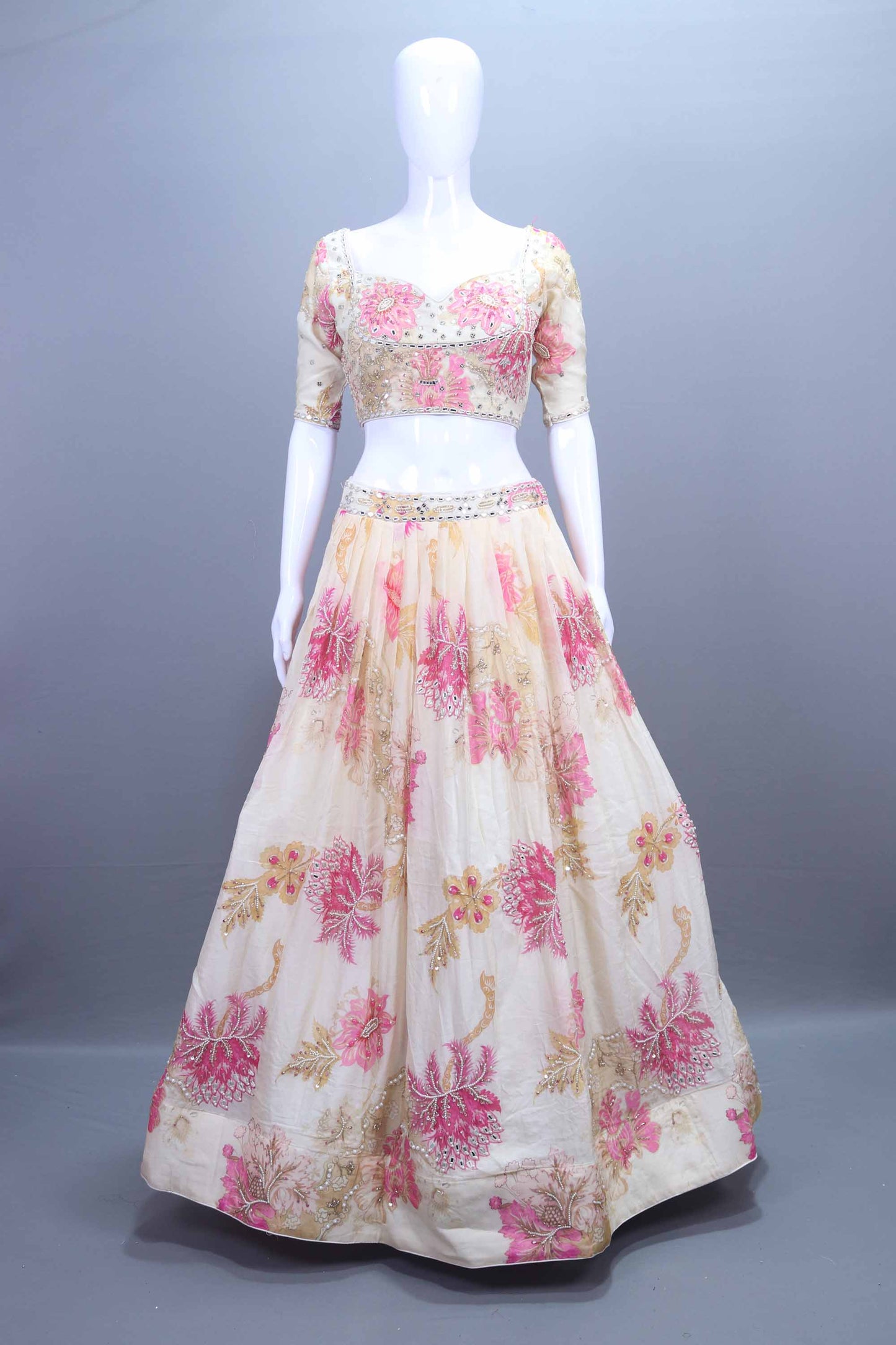 Cream and Pink Floral Embroidered Designer Lehenga Choli with Dupatta