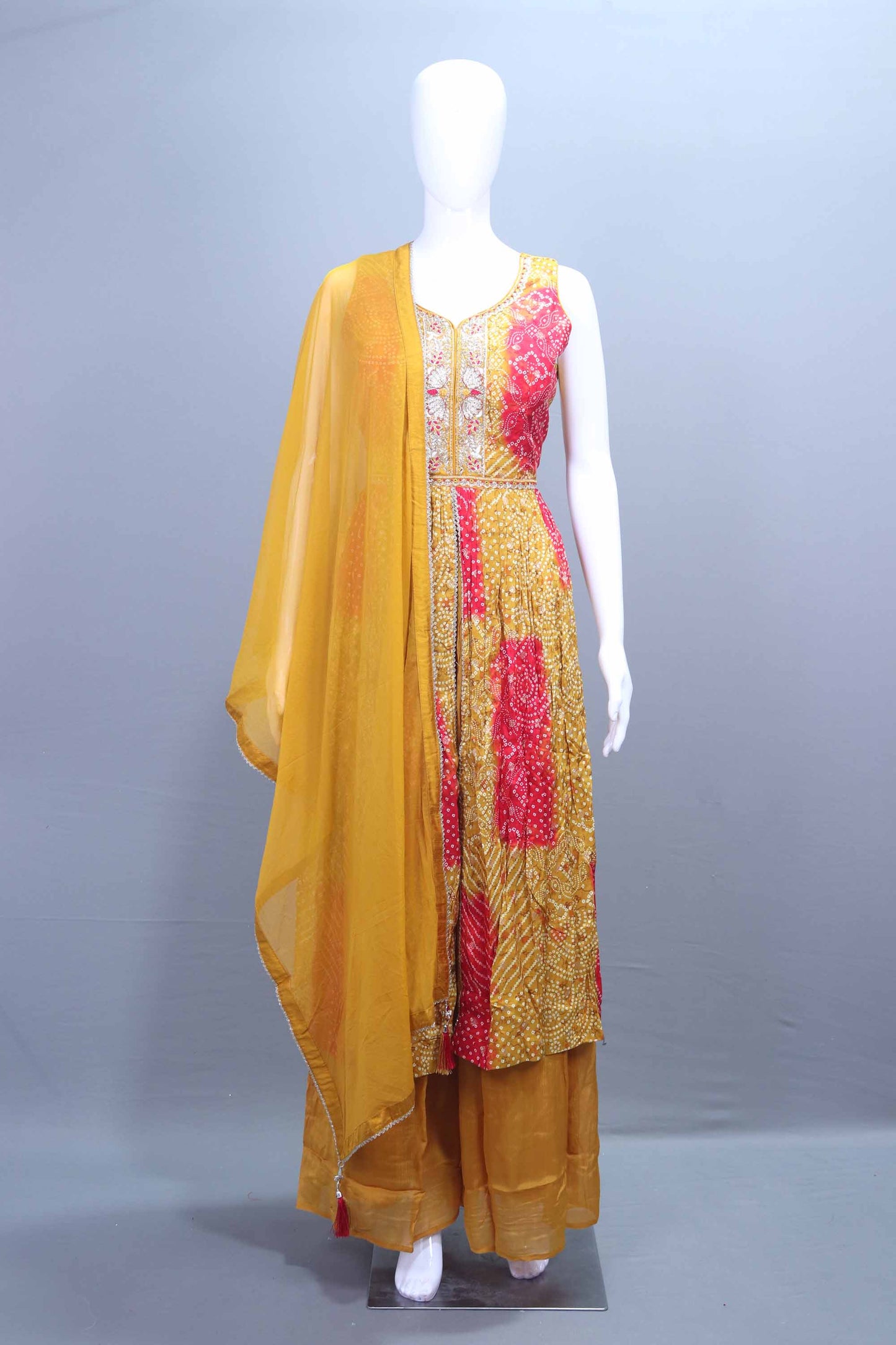 Yellow Red Bandhani Sharara Suit Designer Outfit Wear