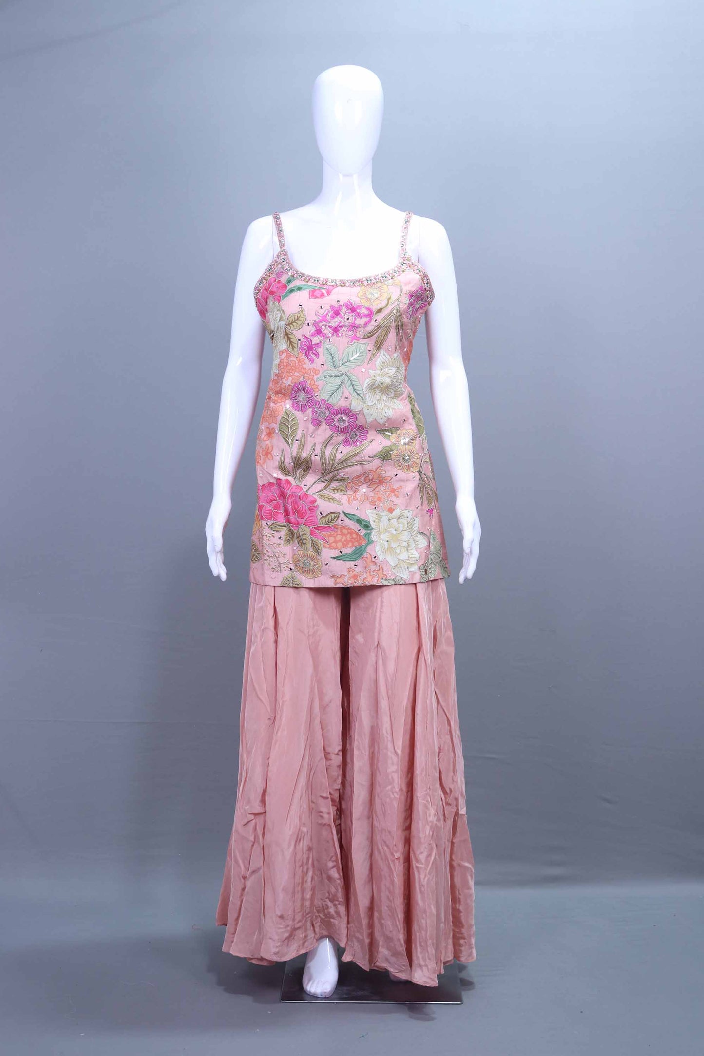 Peach Sharara Suit Designer Sleeveless Kurti with Flared Sharara Pants