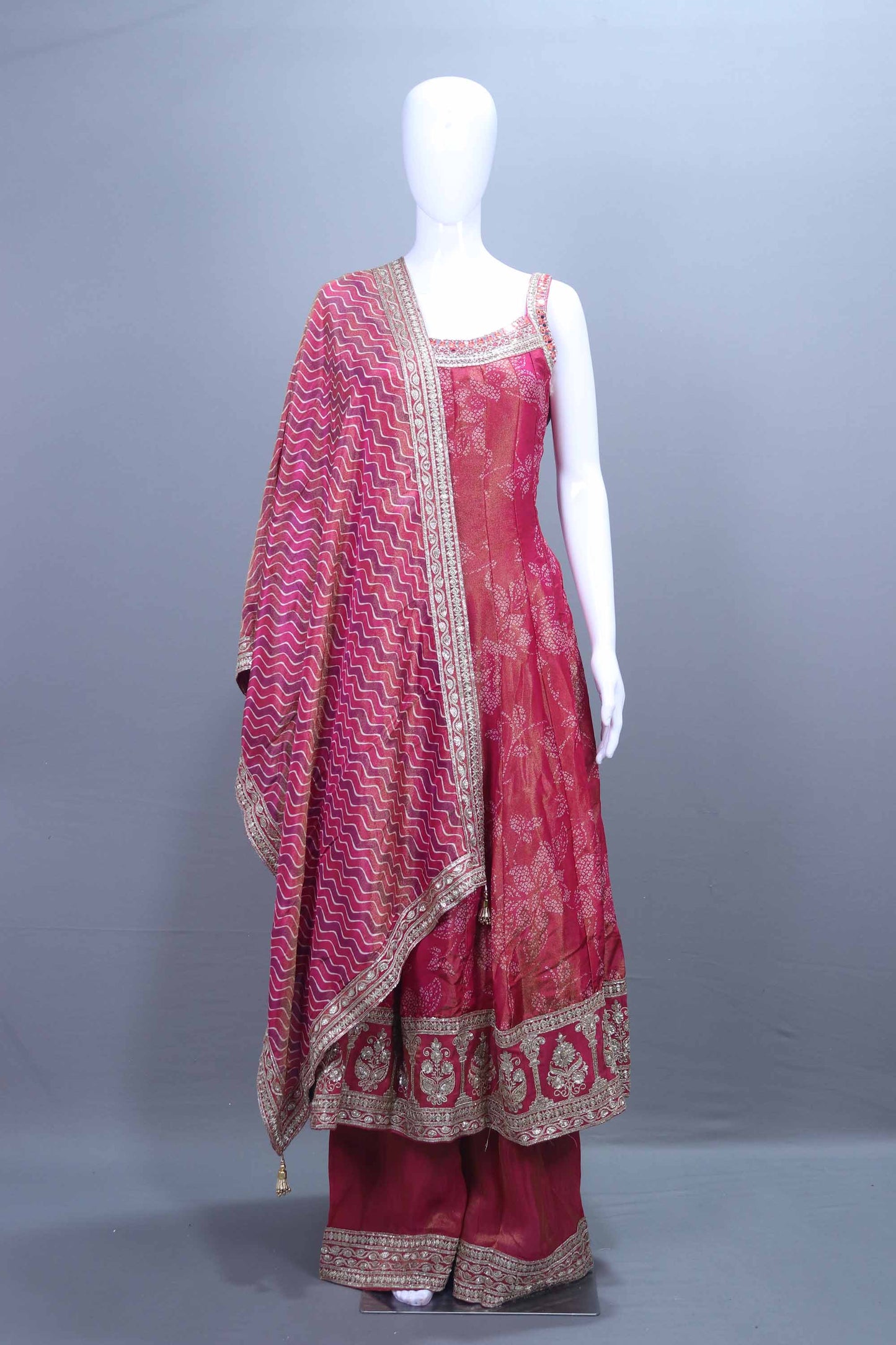 Designer Rani Pink Embroidered Kurti Sharara Set with Banarasi Dupatta