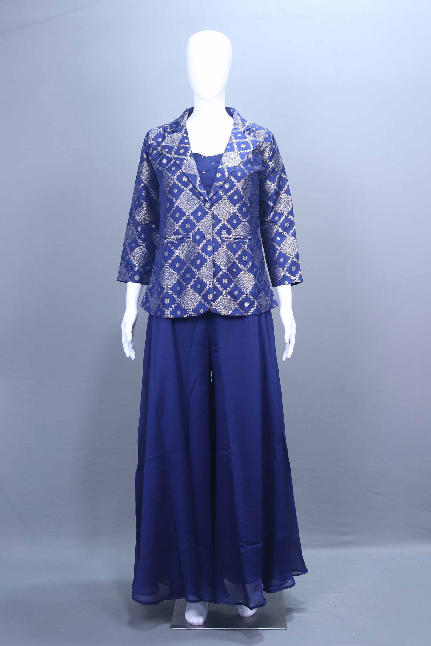 Royal Blue Banarasi Jacquard Jacket Style Palazzo Set