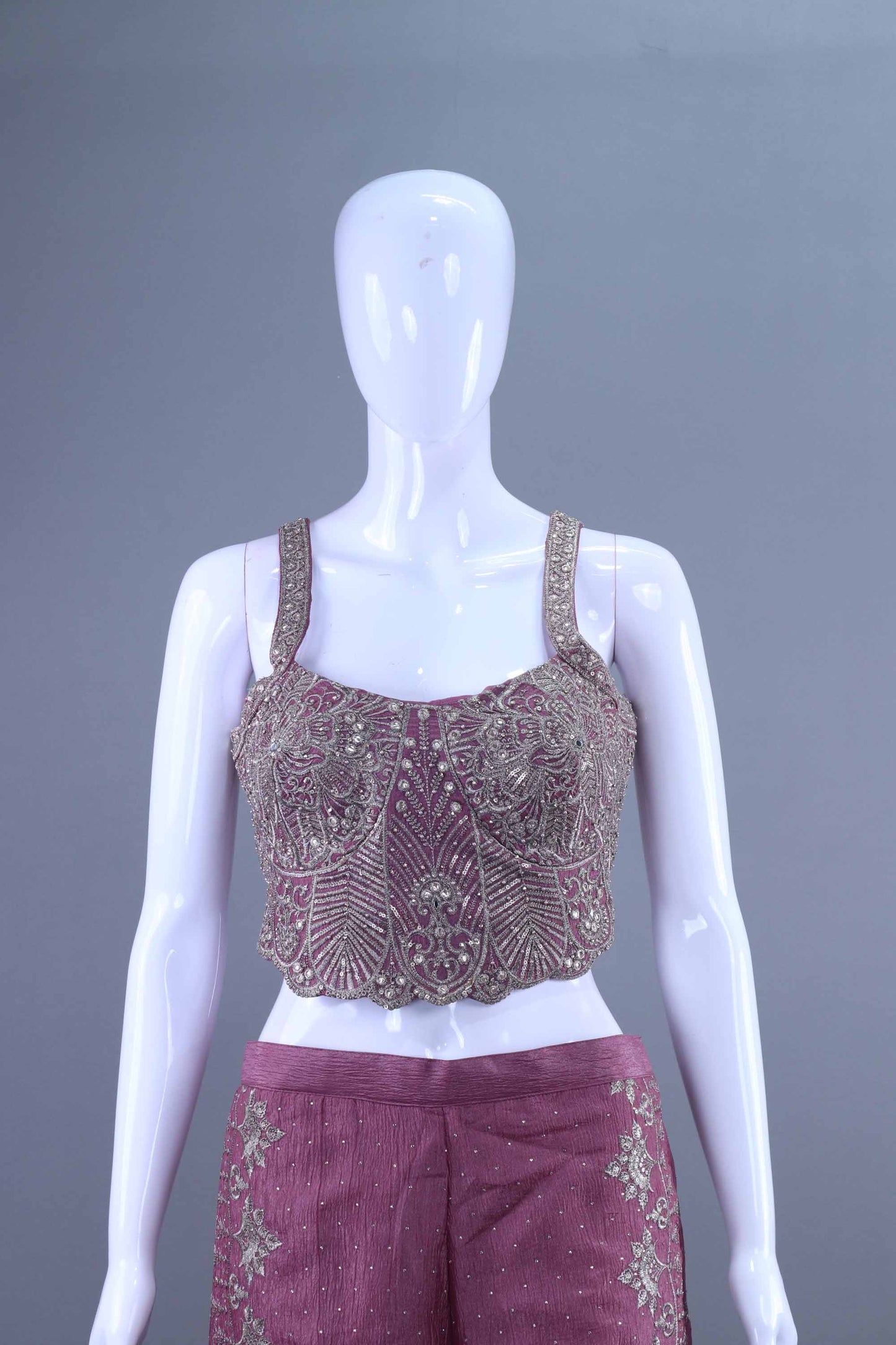 Designer Mauve Embroidered Crop Top with Palazzo Set