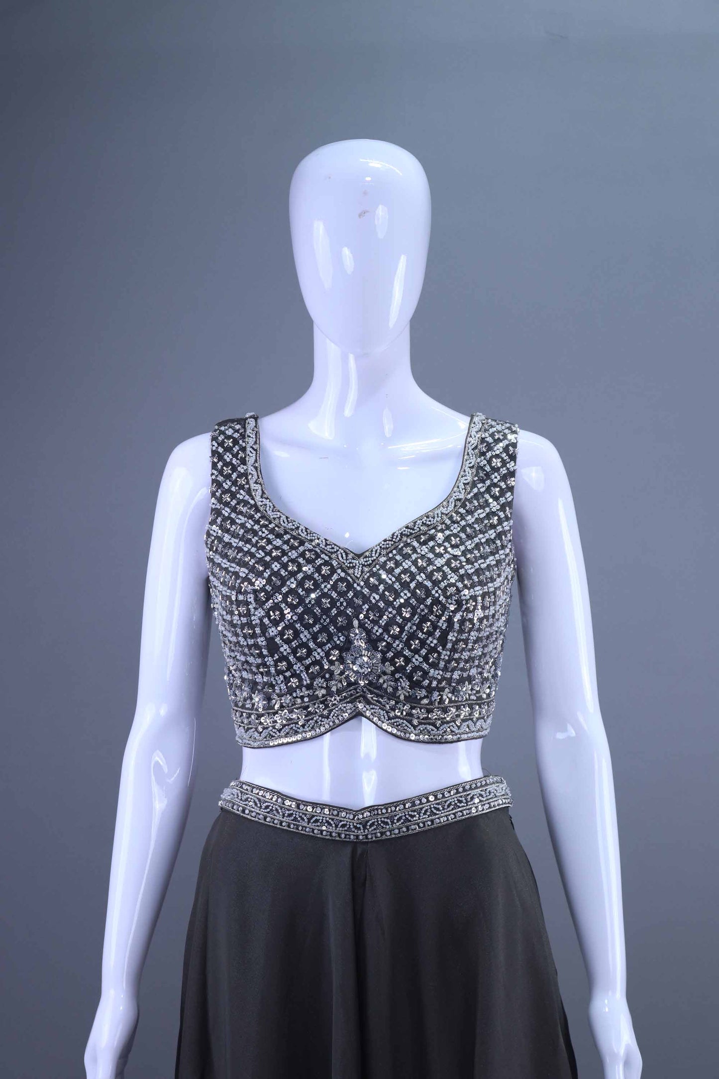 Grey Crop Top Flowy Palazzo Indo Western Party Wear Set