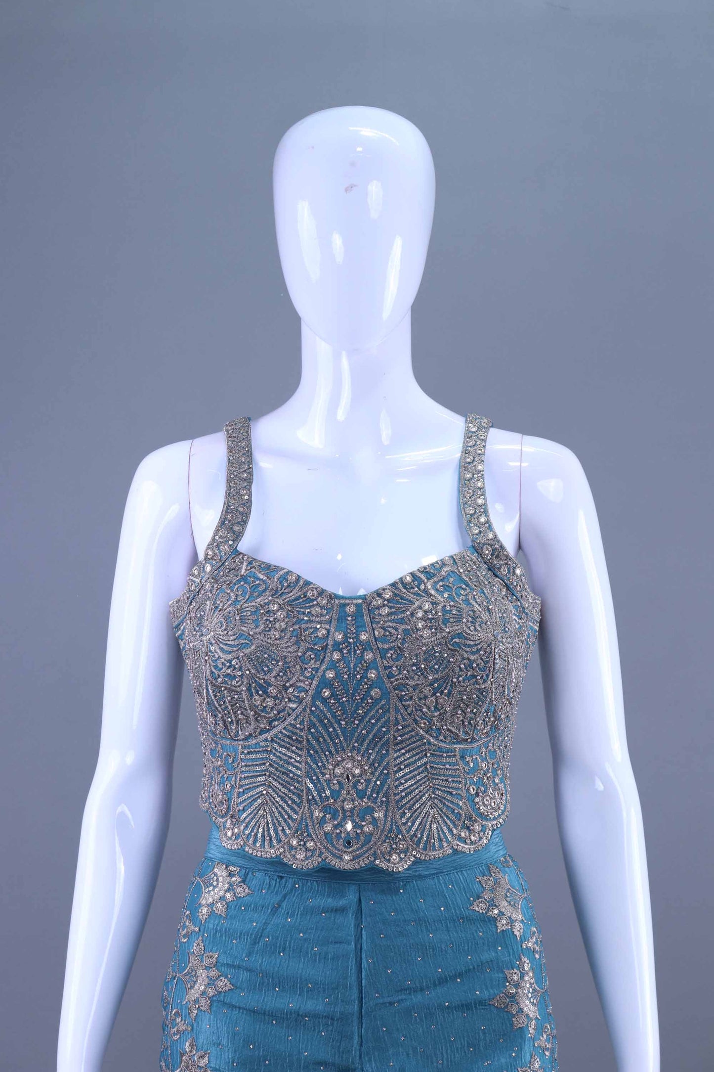 Teal Blue Embroidered Crop Top with Palazzo Set