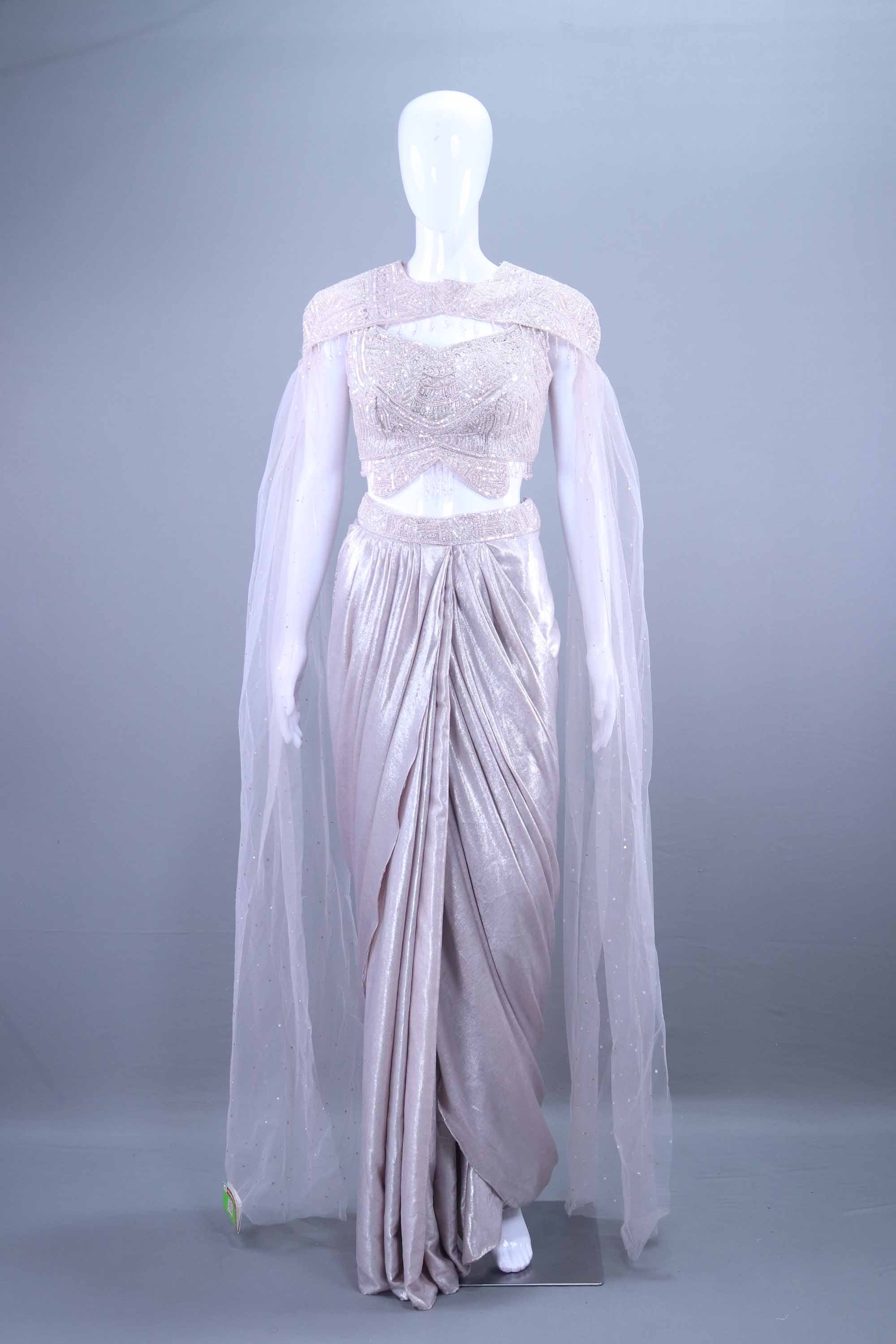 silver indo western dress white christmas dresses Odette Women Beige Crepe Designer Indo-Western Dress