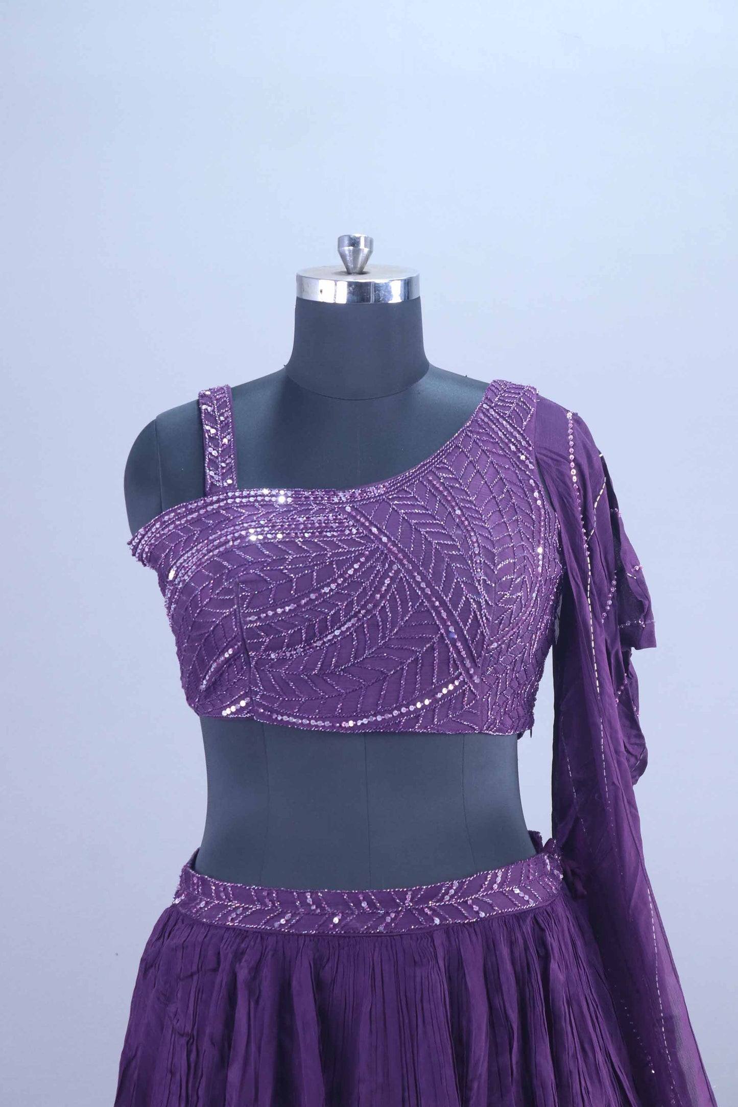 Stylish Purple One Shoulder Sequined Georgette Lehenga Set