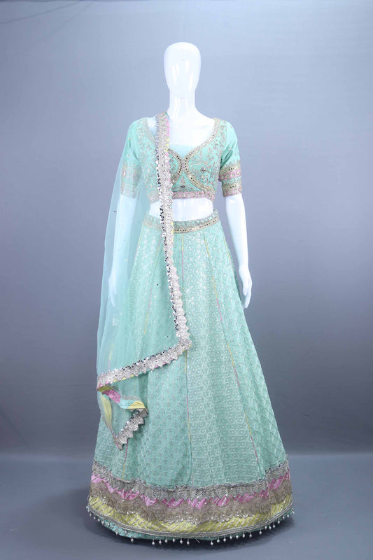 Mint Green Embroidered Net Lehenga Choli Designer Festive Wear