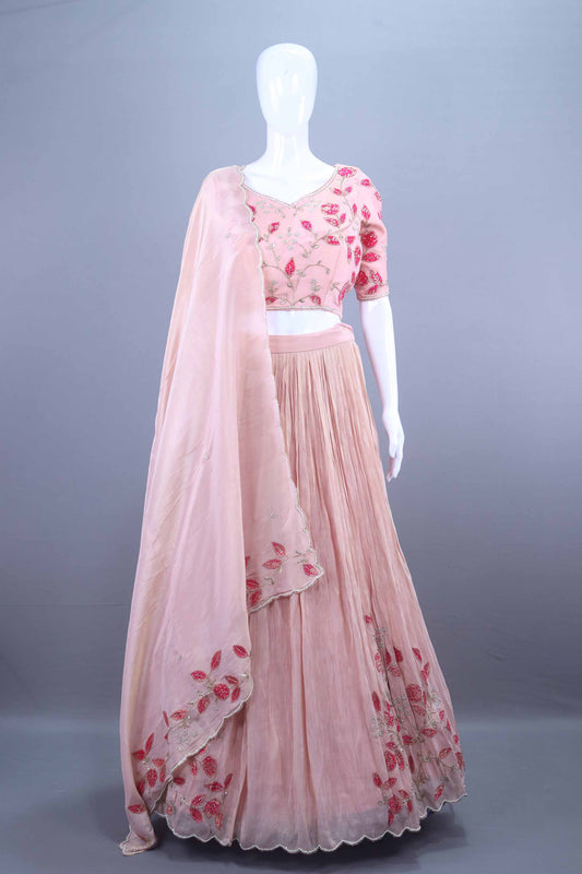 Peach Pink Embroidered Organza Lehenga Choli with Dupatta