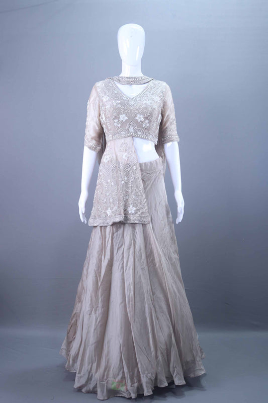 Designer Grey Embroidered Silk Peplum Lehenga Choli