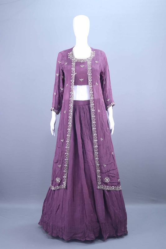 Plum Purple Embroidered Silk Crop Top Lehenga with Long Jacket
