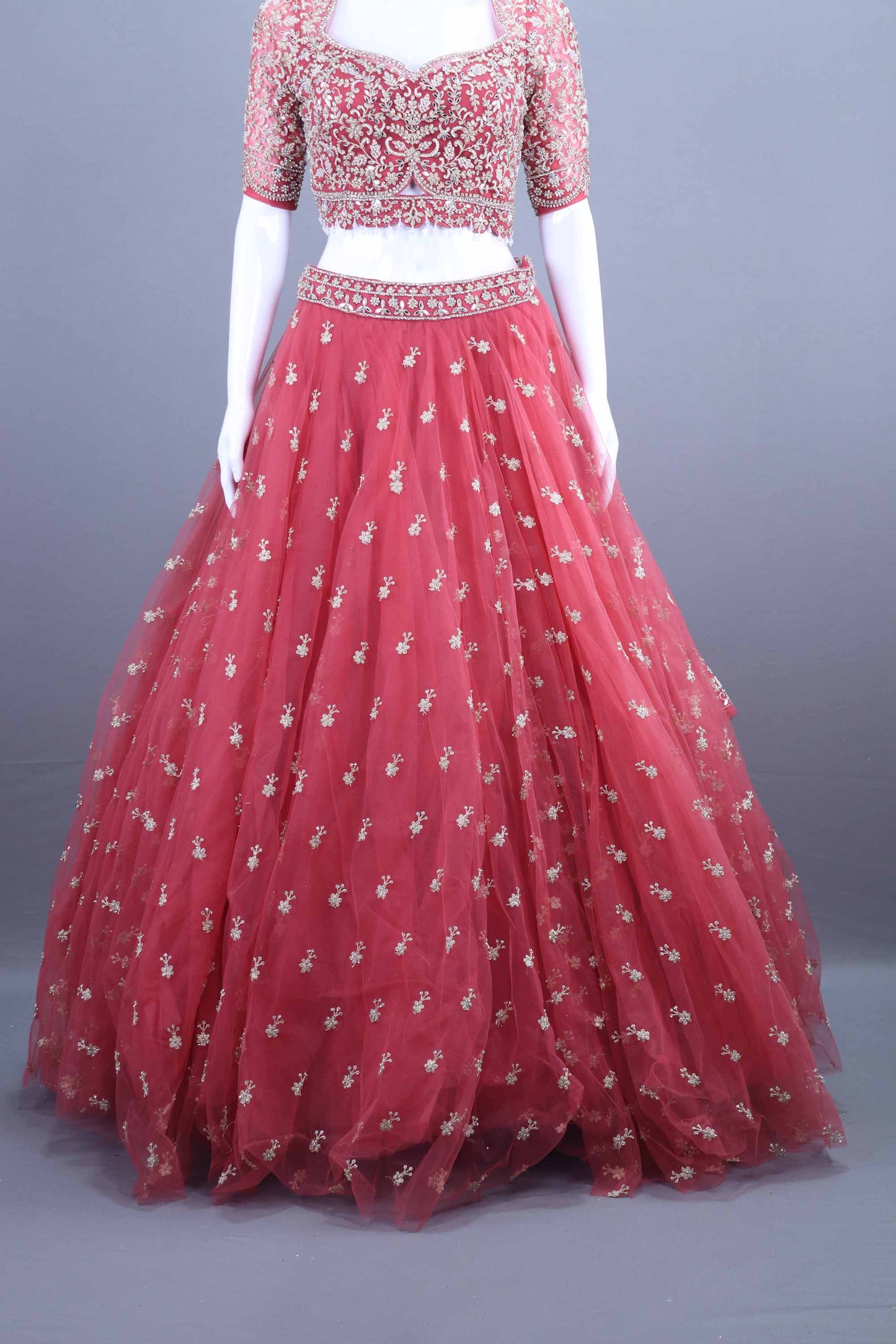 Designer Red Embroidered Net Lehenga Choli with Dupatta