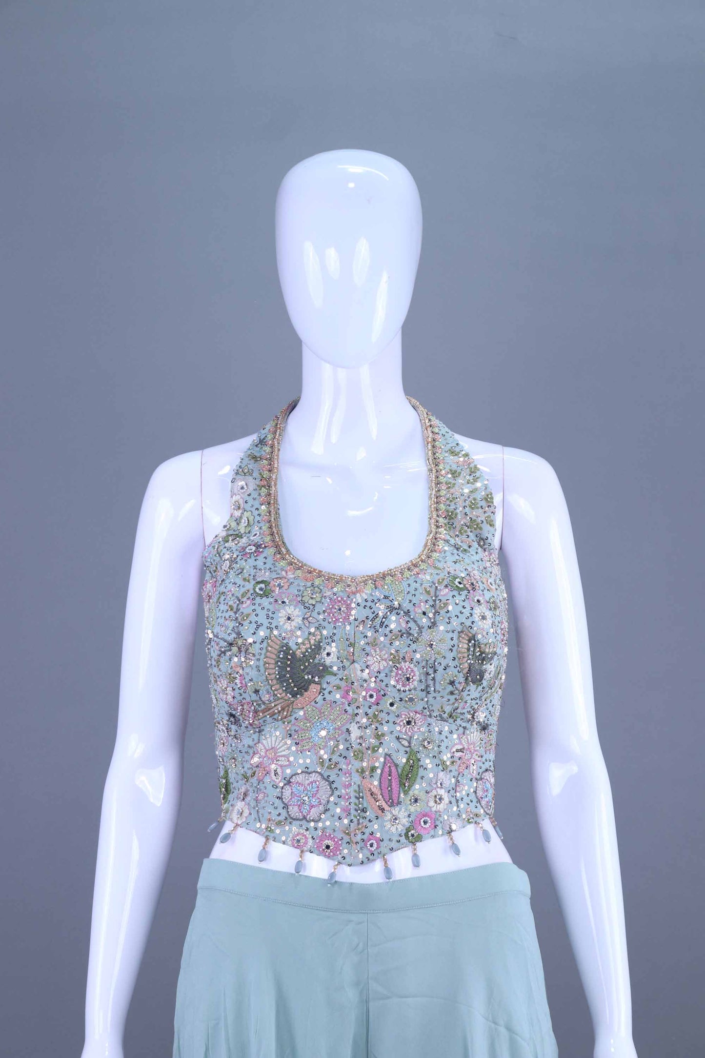Mint Sky Blue Designer Embroidered Crop Top Palazzo Set